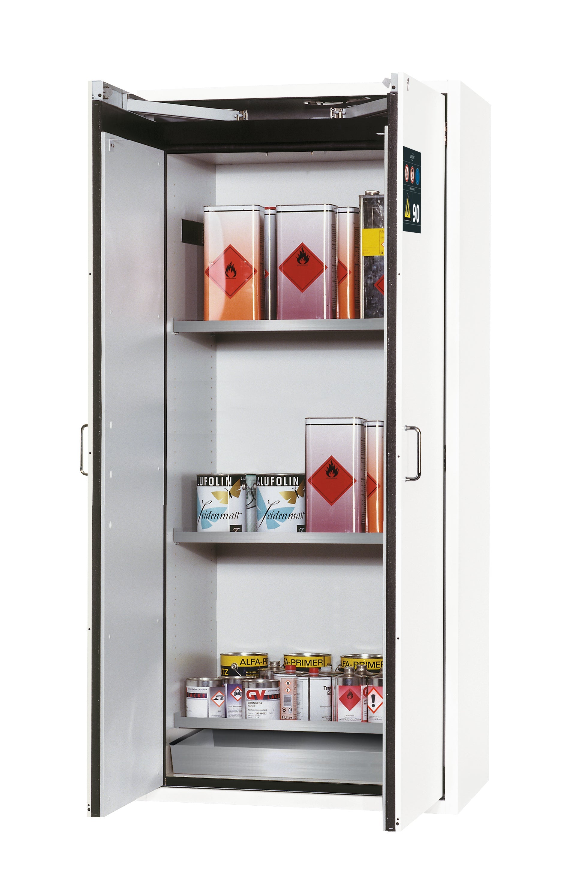 Armoire de sécurité type 90 S-CLASSIC-90 modèle S90.196.090.WDAS en blanc de laboratoire (similaire à RAL 9016) avec 3 étagères standard (acier inoxydable 1.4301)