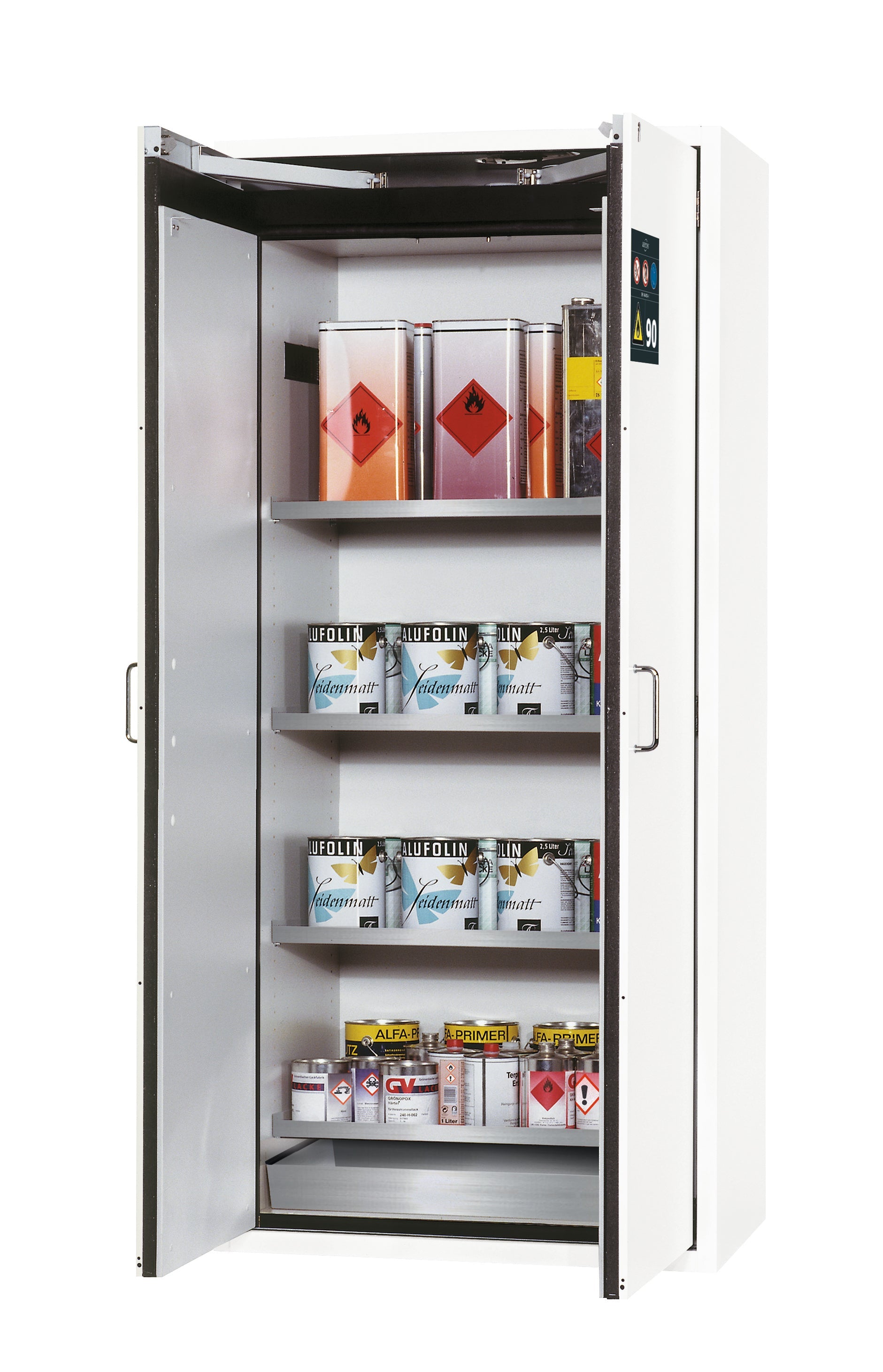 Armoire de sécurité type 90 S-CLASSIC-90 modèle S90.196.090 en blanc de laboratoire (similaire à RAL 9016) avec 4 étagères standard (acier inoxydable 1.4301)