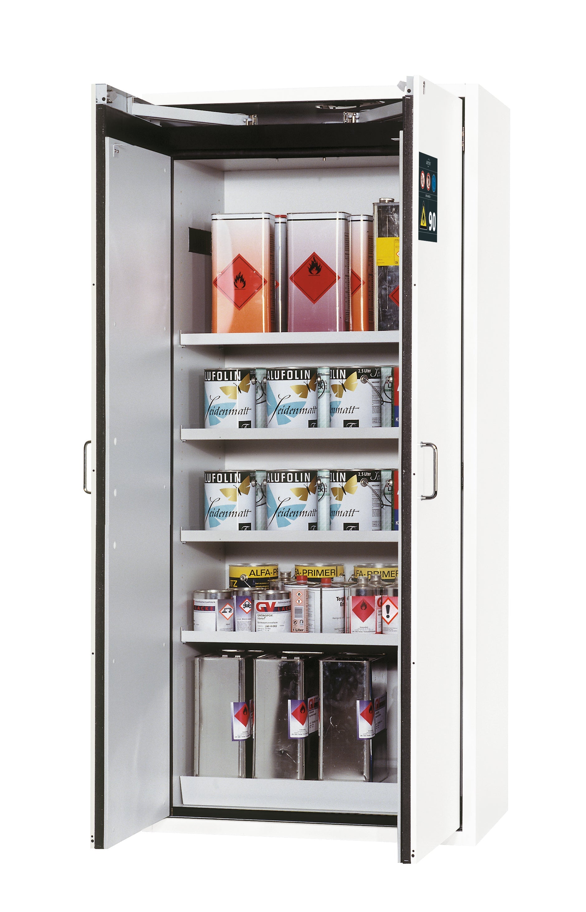 Armoire de sécurité type 90 S-CLASSIC-90 modèle S90.196.090.WDAS en blanc de laboratoire (similaire à RAL 9016) avec 4x étagères standard (tôle d'acier)
