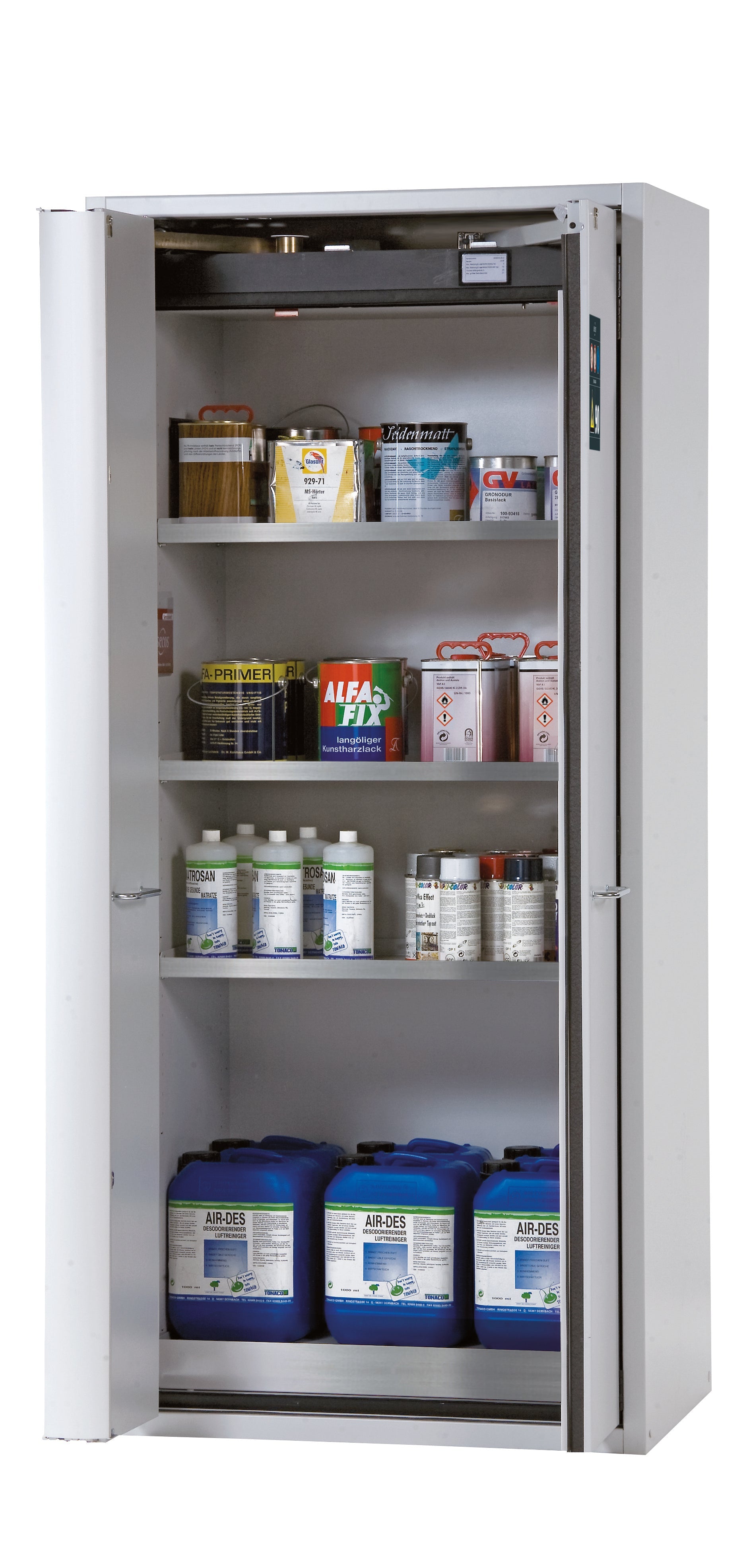 Typ 90 Sicherheitsschrank S-PHOENIX-90 Modell S90.196.090.FWAS in lichtgrau RAL 7035 mit 3x Fachboden Standard (Edelstahl 1.4301)