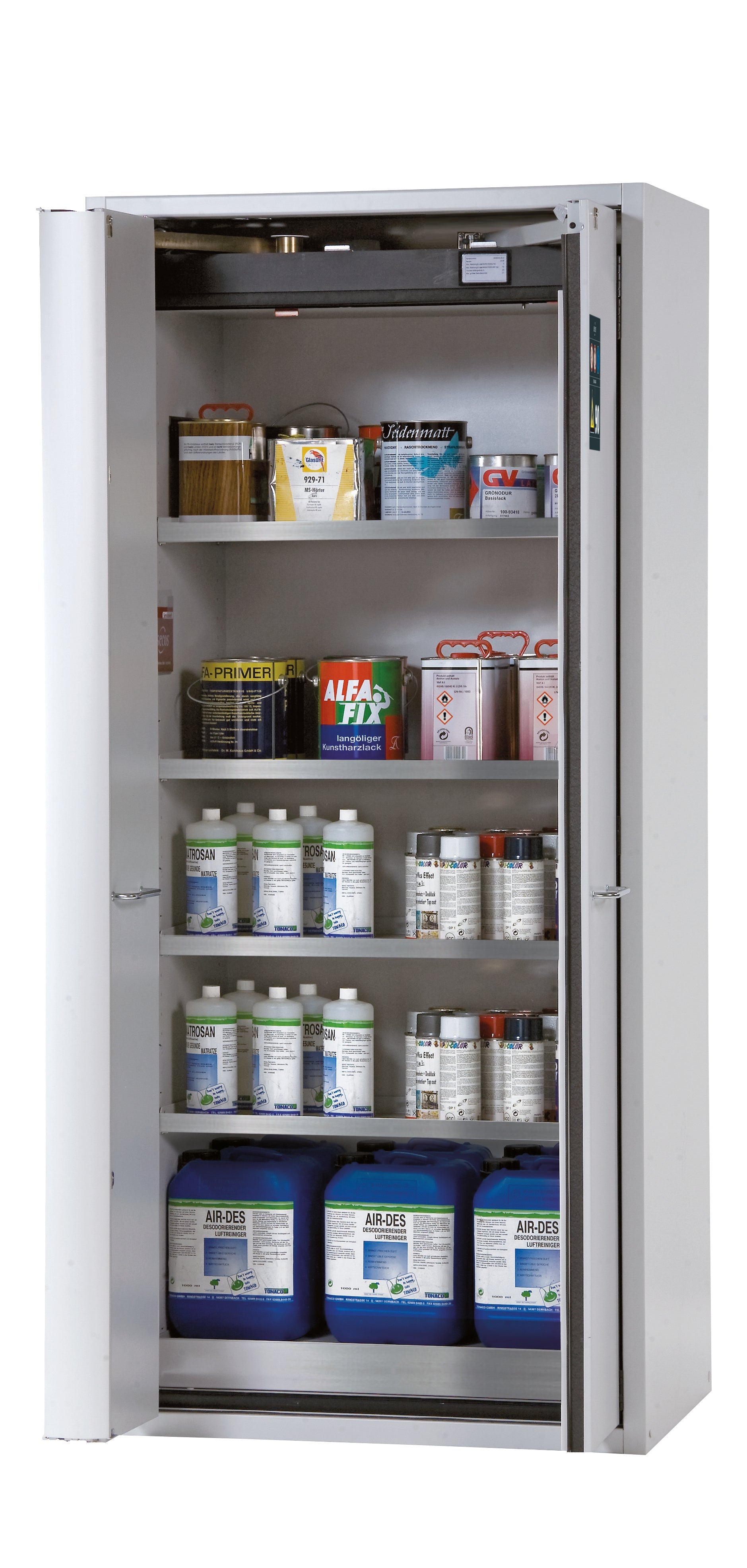 Typ 90 Sicherheitsschrank S-PHOENIX-90 Modell S90.196.090.FWAS in lichtgrau RAL 7035 mit 4x Fachboden Standard (Edelstahl 1.4301)