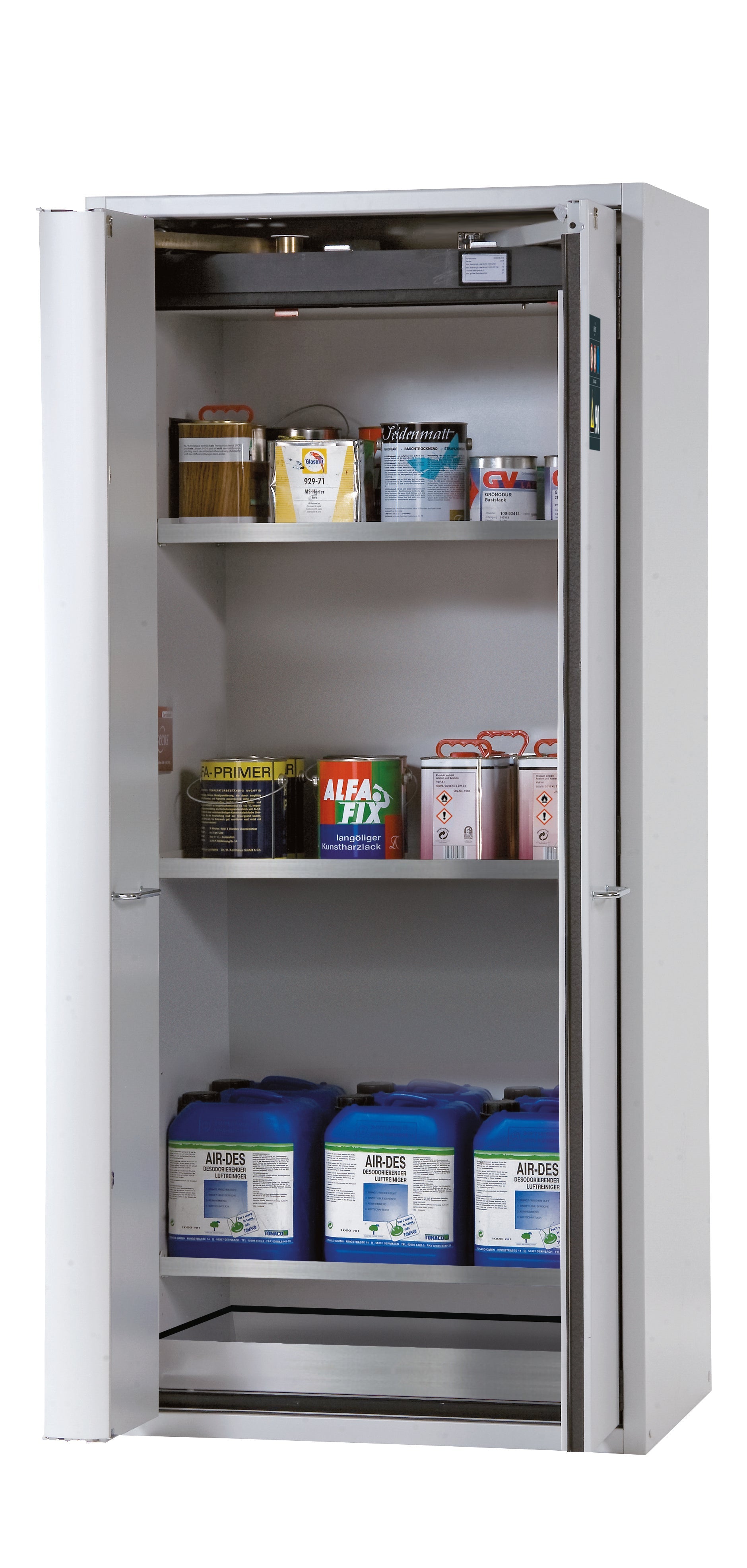 Typ 90 Sicherheitsschrank S-PHOENIX-90 Modell S90.196.090.FWAS in lichtgrau RAL 7035 mit 3x Fachboden Standard (Edelstahl 1.4301)