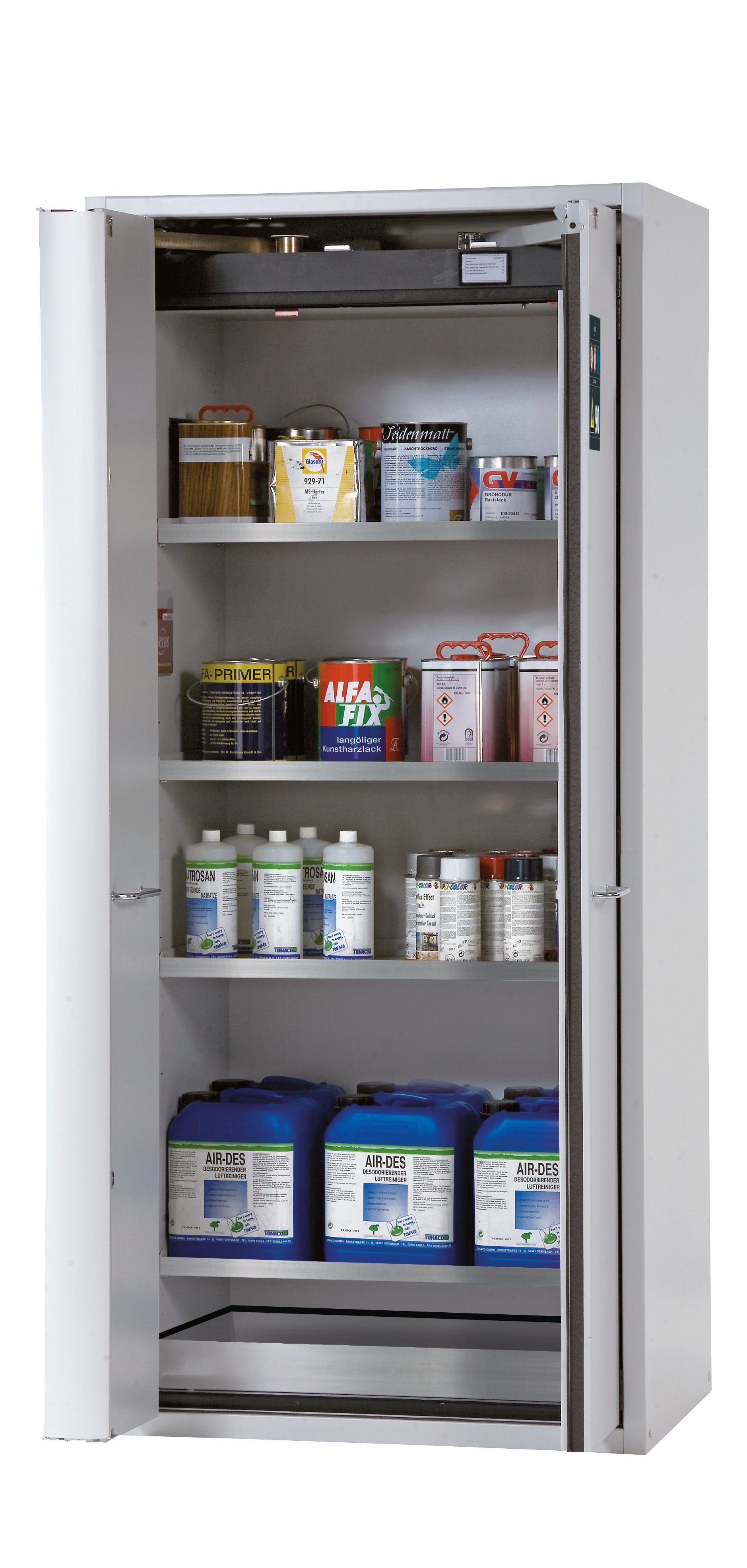 Typ 90 Sicherheitsschrank S-PHOENIX-90 Modell S90.196.090.FWAS in lichtgrau RAL 7035 mit 4x Fachboden Standard (Edelstahl 1.4301)