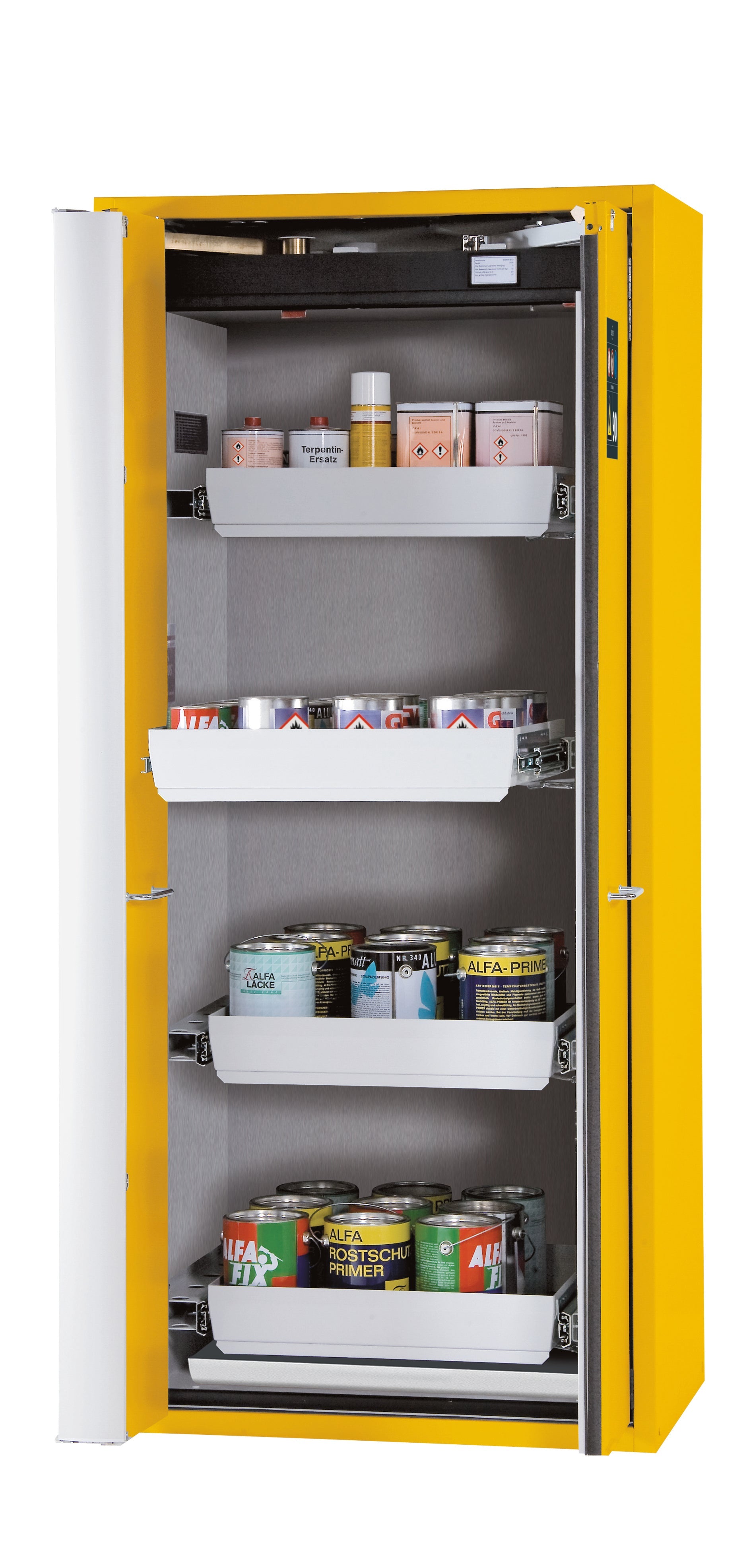 Type 90 safety cabinet S-PHOENIX-90 model S90.196.090.FWAS in safety yellow RAL 1004 with 4x standard pull-out tray (sheet steel)