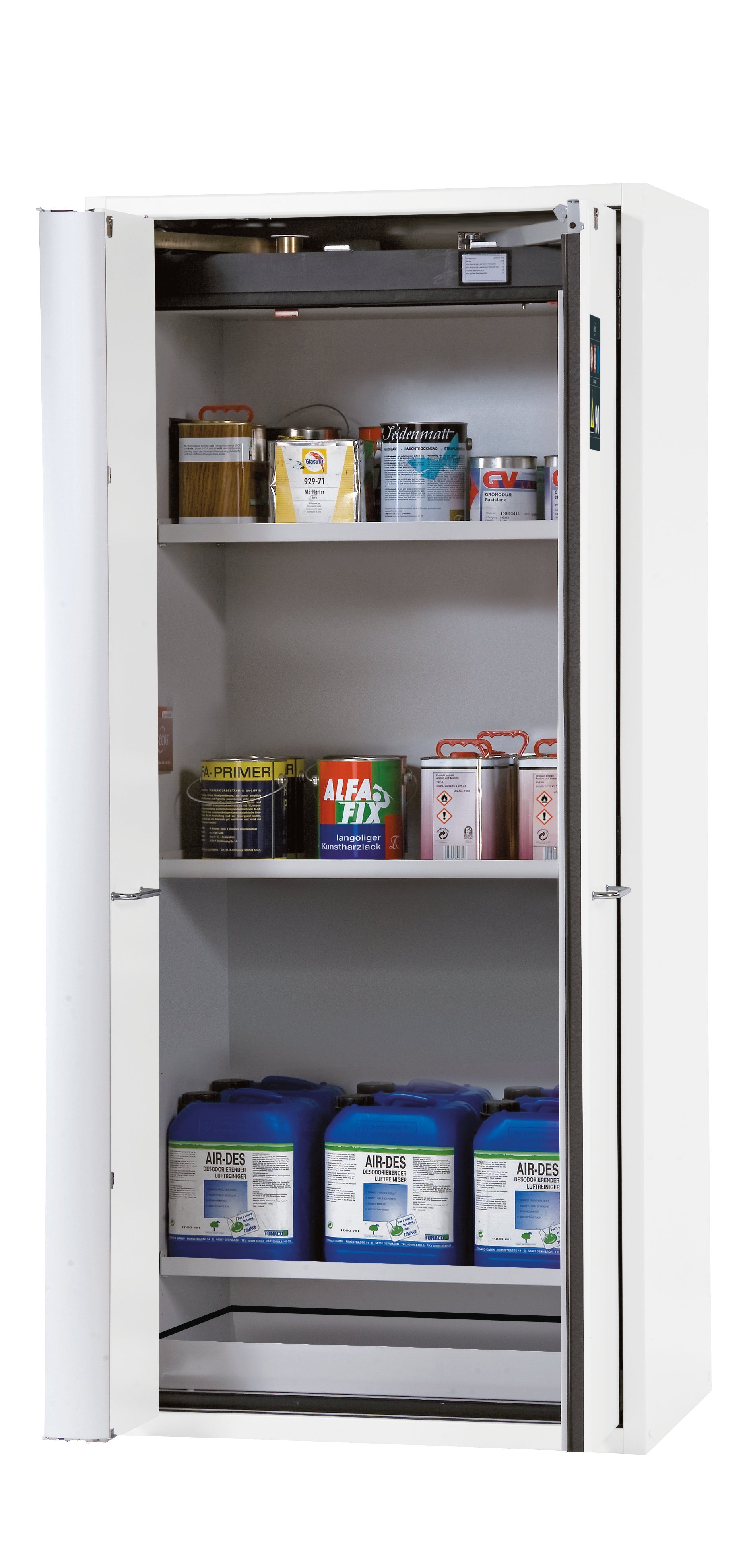 Typ 90 Sicherheitsschrank S-PHOENIX-90 Modell S90.196.090.FWAS in laborweiss (ähnl. RAL 9016) mit 3x Fachboden Standard (Stahlblech)