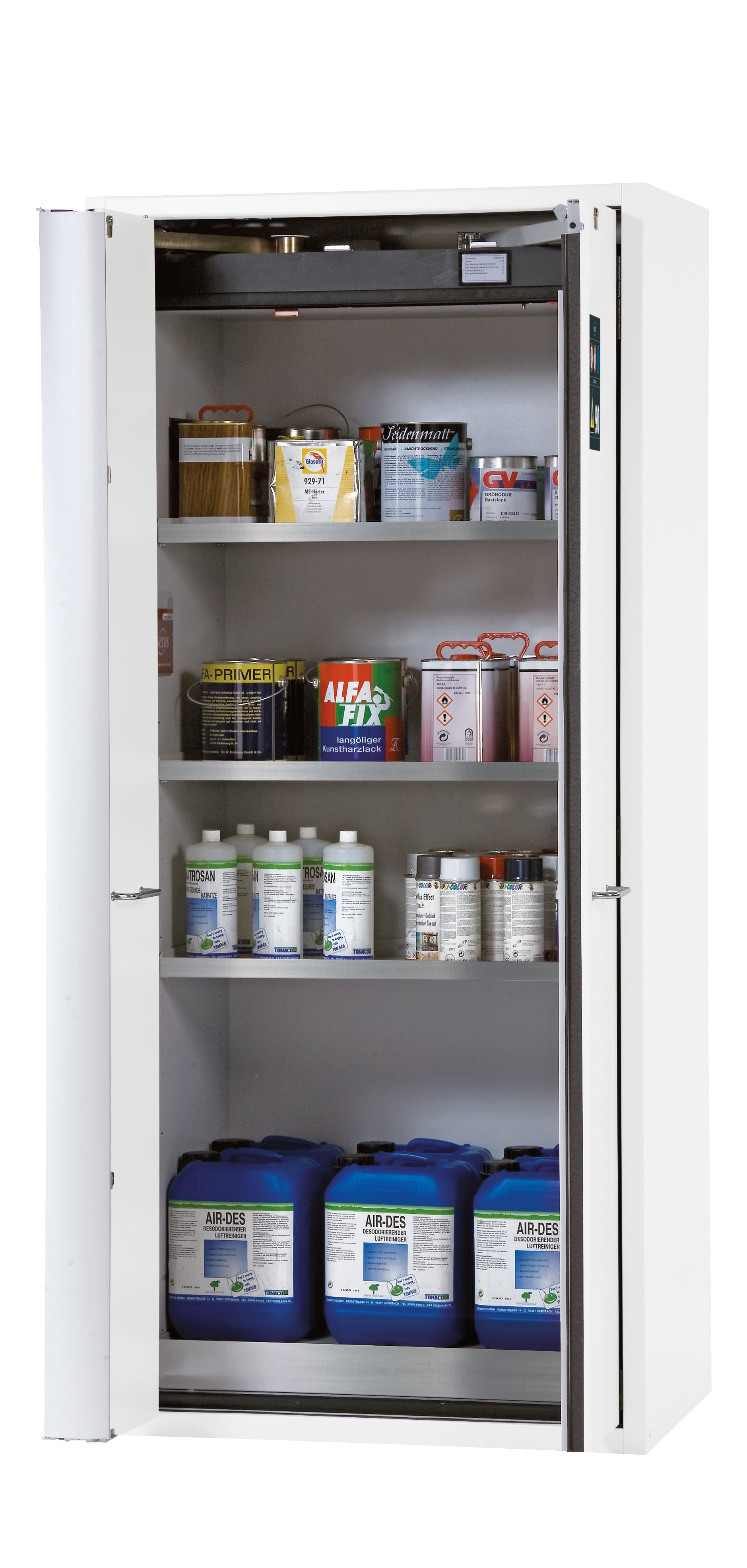 Typ 90 Sicherheitsschrank S-PHOENIX-90 Modell S90.196.090.FWAS in laborweiss (ähnl. RAL 9016) mit 3x Fachboden Standard (Edelstahl 1.4301)