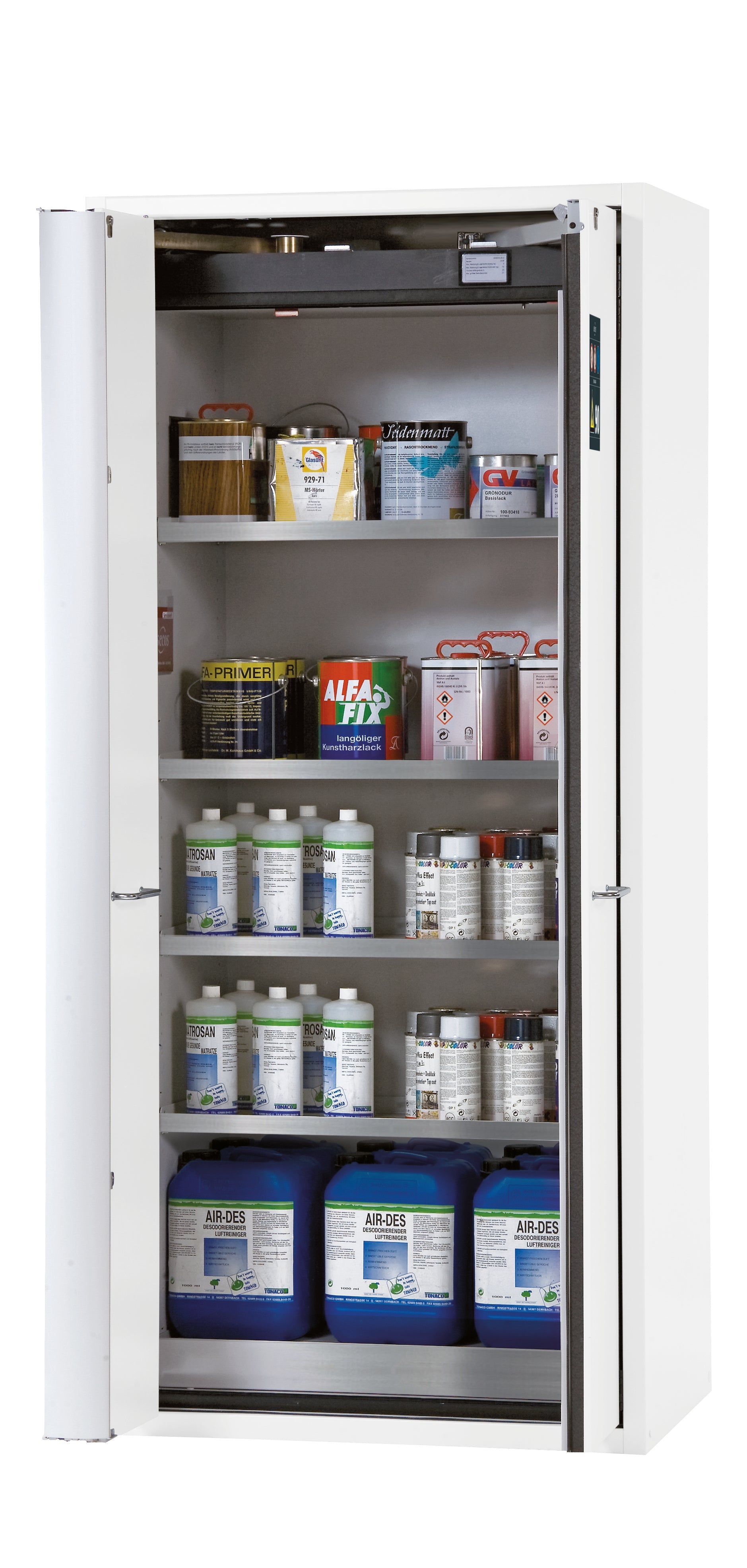 Typ 90 Sicherheitsschrank S-PHOENIX-90 Modell S90.196.090.FWAS in laborweiss (ähnl. RAL 9016) mit 4x Fachboden Standard (Edelstahl 1.4301)