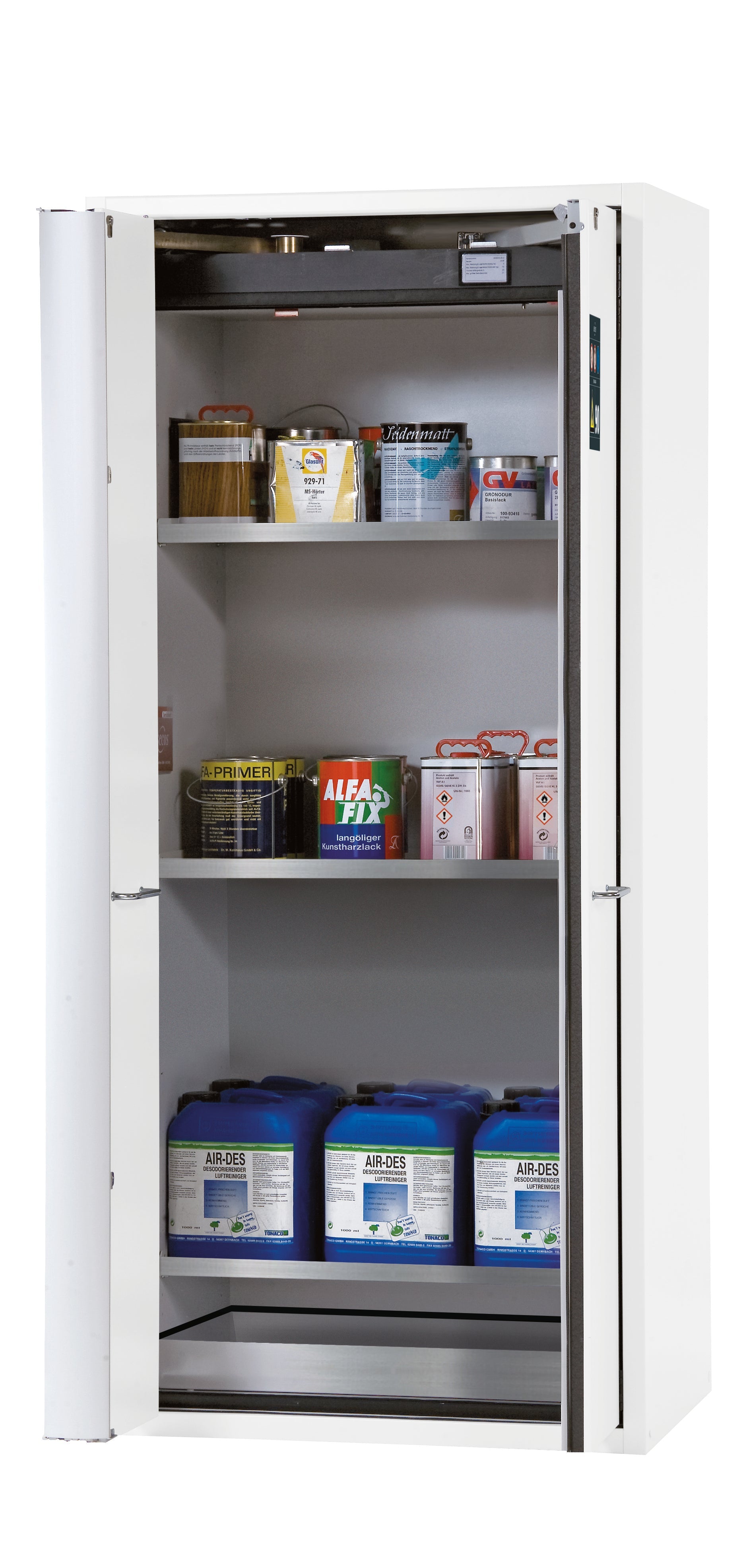Typ 90 Sicherheitsschrank S-PHOENIX-90 Modell S90.196.090.FWAS in laborweiss (ähnl. RAL 9016) mit 3x Fachboden Standard (Edelstahl 1.4301)