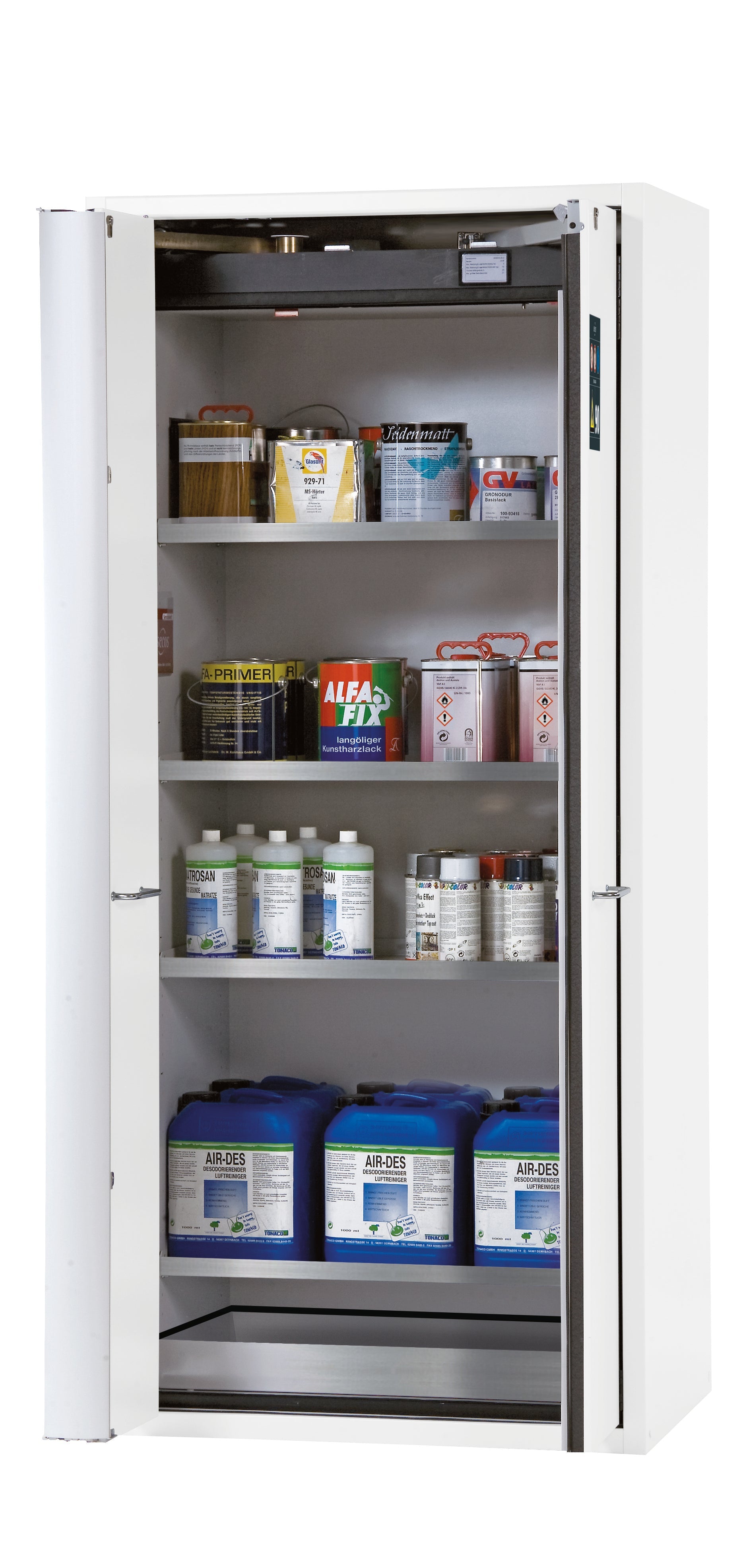 Typ 90 Sicherheitsschrank S-PHOENIX-90 Modell S90.196.090.FWAS in laborweiss (ähnl. RAL 9016) mit 4x Fachboden Standard (Edelstahl 1.4301)
