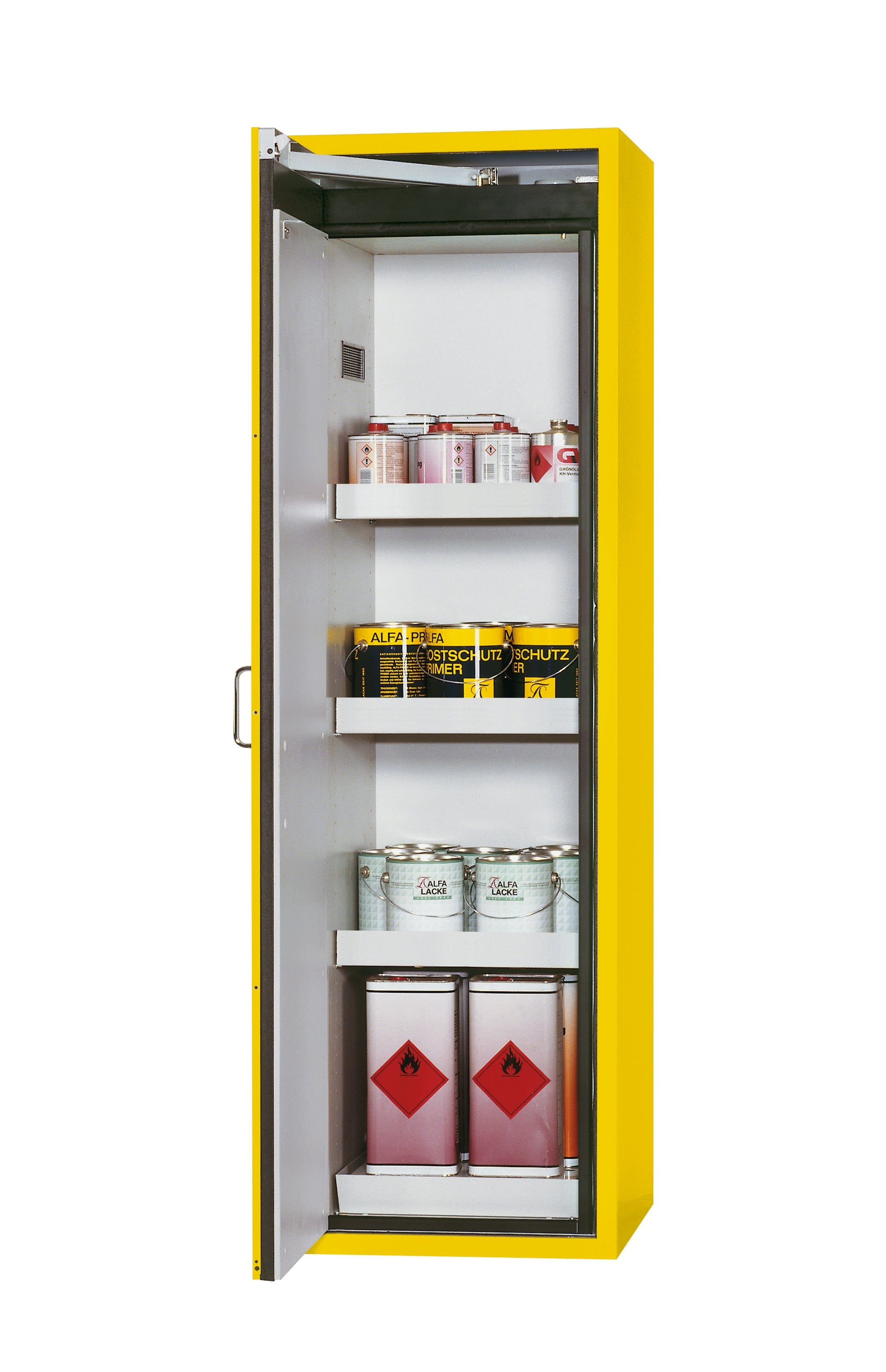 Armoire de sécurité type 90 S-CLASSIC-90 modèle S90.196.060 en jaune de sécurité RAL 1004 avec 3x pieds de plateau standard (tôle d'acier)