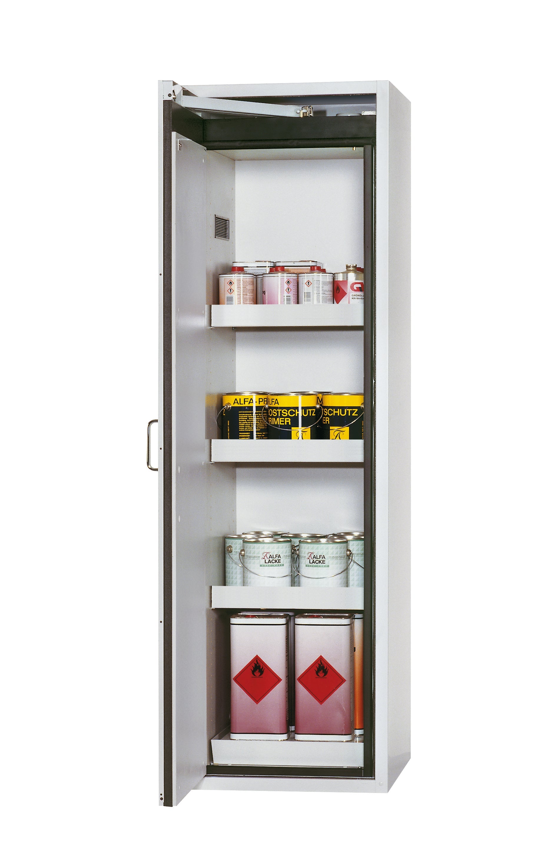 Type 90 safety cabinet S-CLASSIC-90 model S90.196.060.WDAS in light gray RAL 7035 with 3x standard tray base (sheet steel)