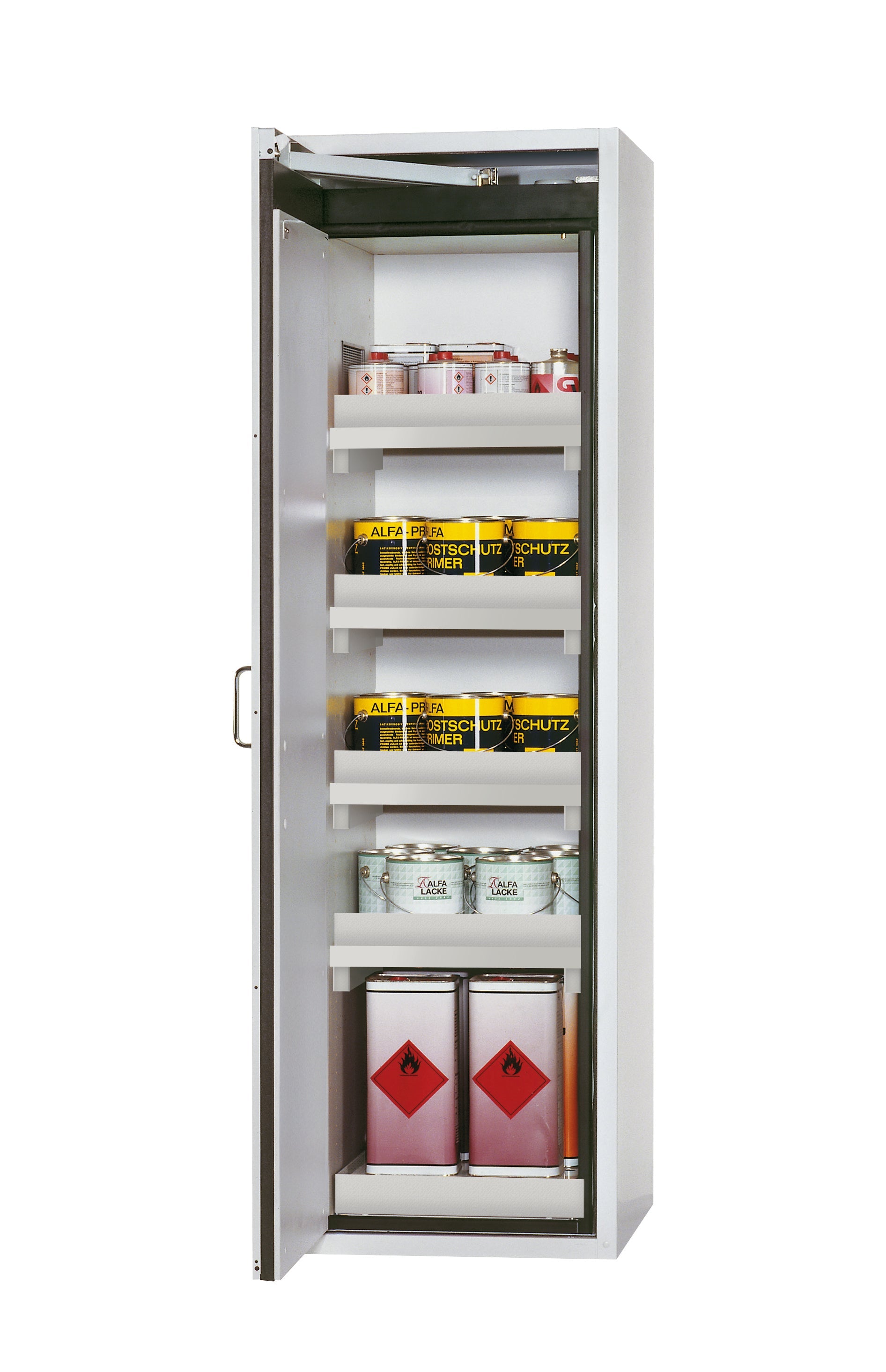 Type 90 safety cabinet S-CLASSIC-90 model S90.196.060.WDAS in light gray RAL 7035 with 4x standard tray base (polypropylene)