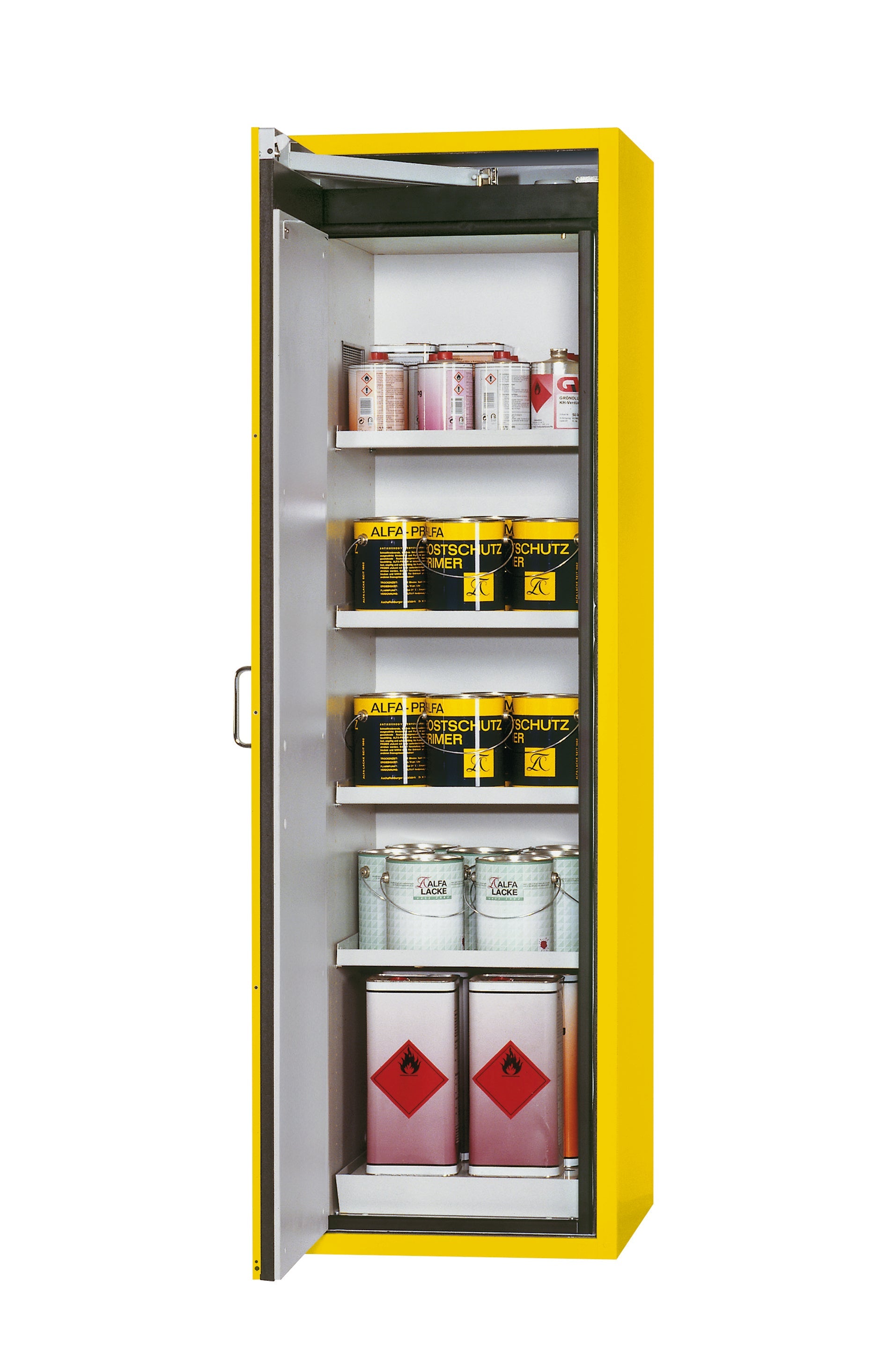 Type 90 safety cabinet S-CLASSIC-90 model S90.196.060.WDAS in safety yellow RAL 1004 with 4x standard shelves (sheet steel)