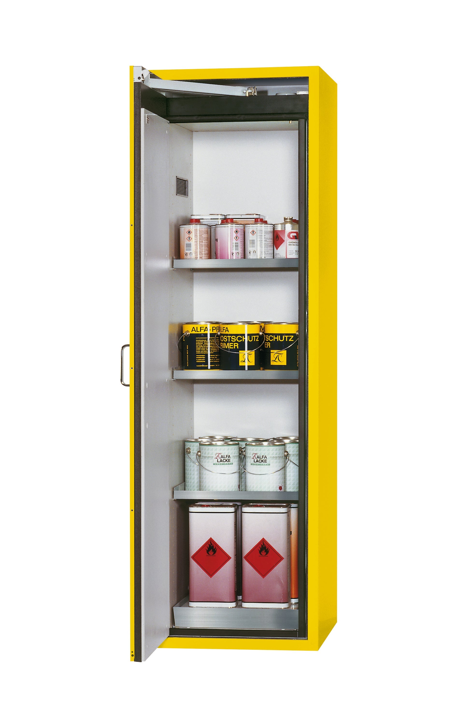 Type 90 safety cabinet S-CLASSIC-90 model S90.196.060.WDAS in safety yellow RAL 1004 with 3x standard shelves (stainless steel 1.4301)