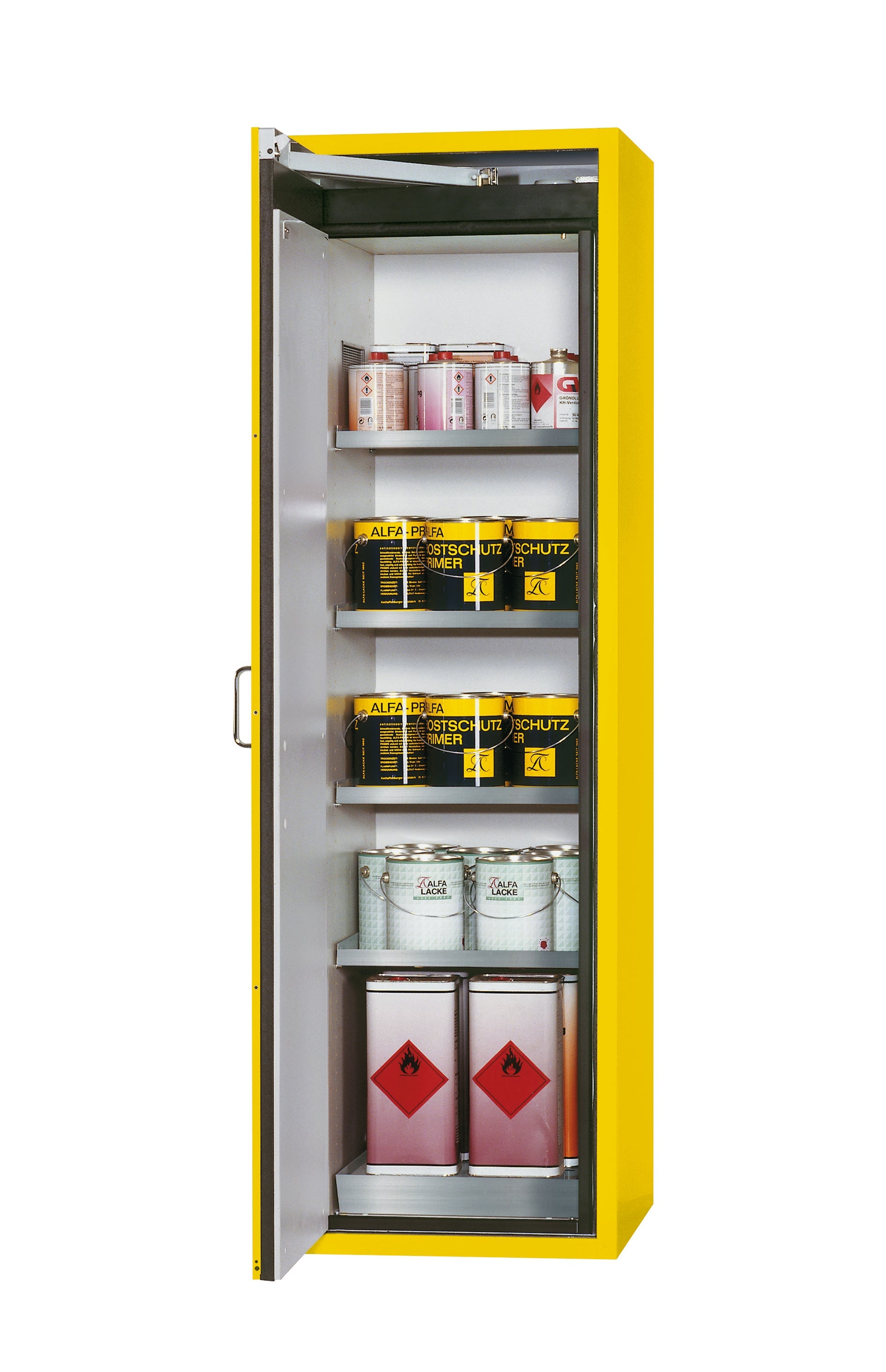 Type 90 safety cabinet S-CLASSIC-90 model S90.196.060.WDAS in safety yellow RAL 1004 with 4x standard shelves (stainless steel 1.4301)