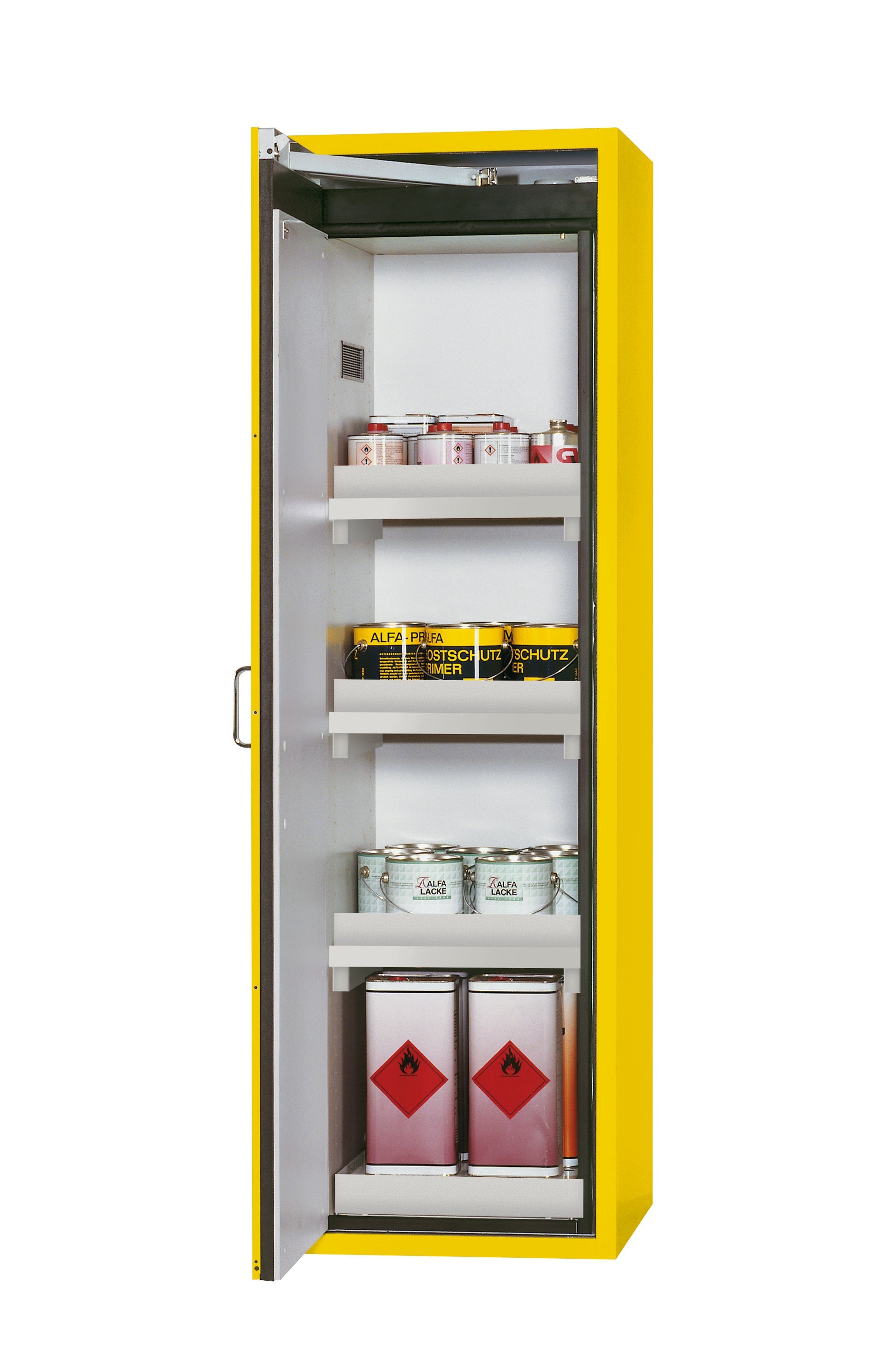 Armoire de sécurité type 90 S-CLASSIC-90 modèle S90.196.060 en jaune de sécurité RAL 1004 avec 3x pieds de plateau standard (polypropylène)