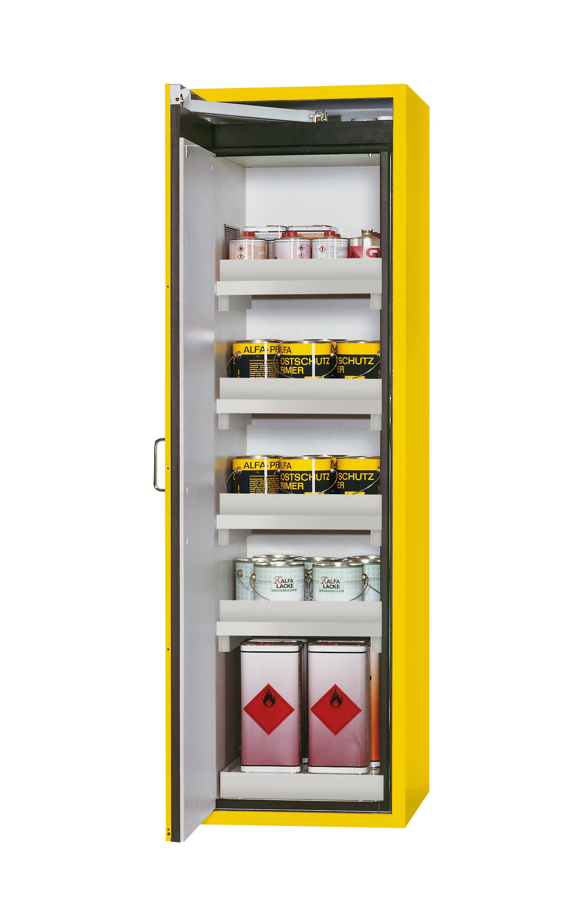 Armoire de sécurité type 90 S-CLASSIC-90 modèle S90.196.060 en jaune de sécurité RAL 1004 avec 4x pieds de plateau standard (polypropylène)