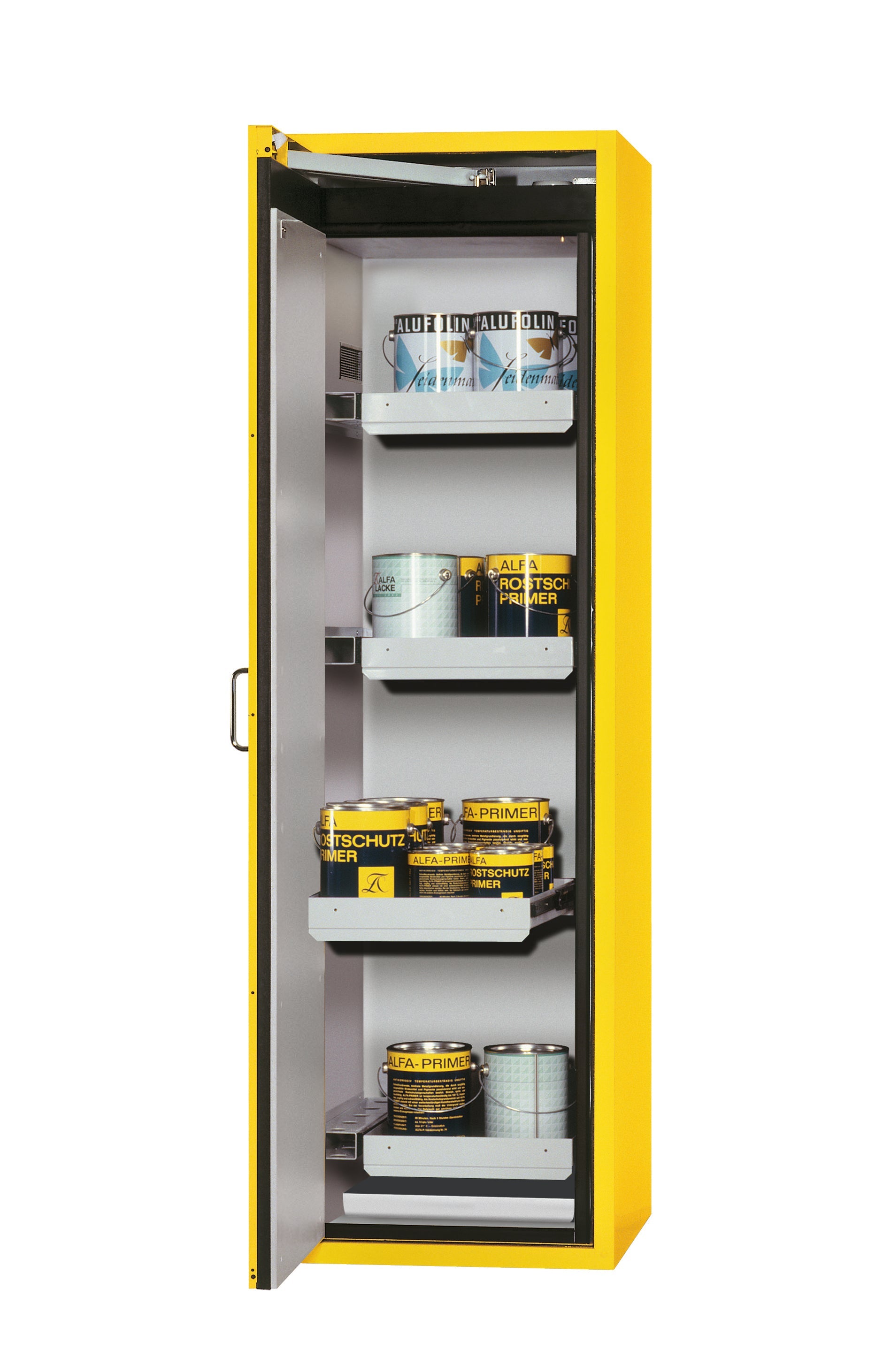 Type 90 safety cabinet S-CLASSIC-90 model S90.196.060.WDAS in safety yellow RAL 1004 with 4x standard pull-out tray (sheet steel)
