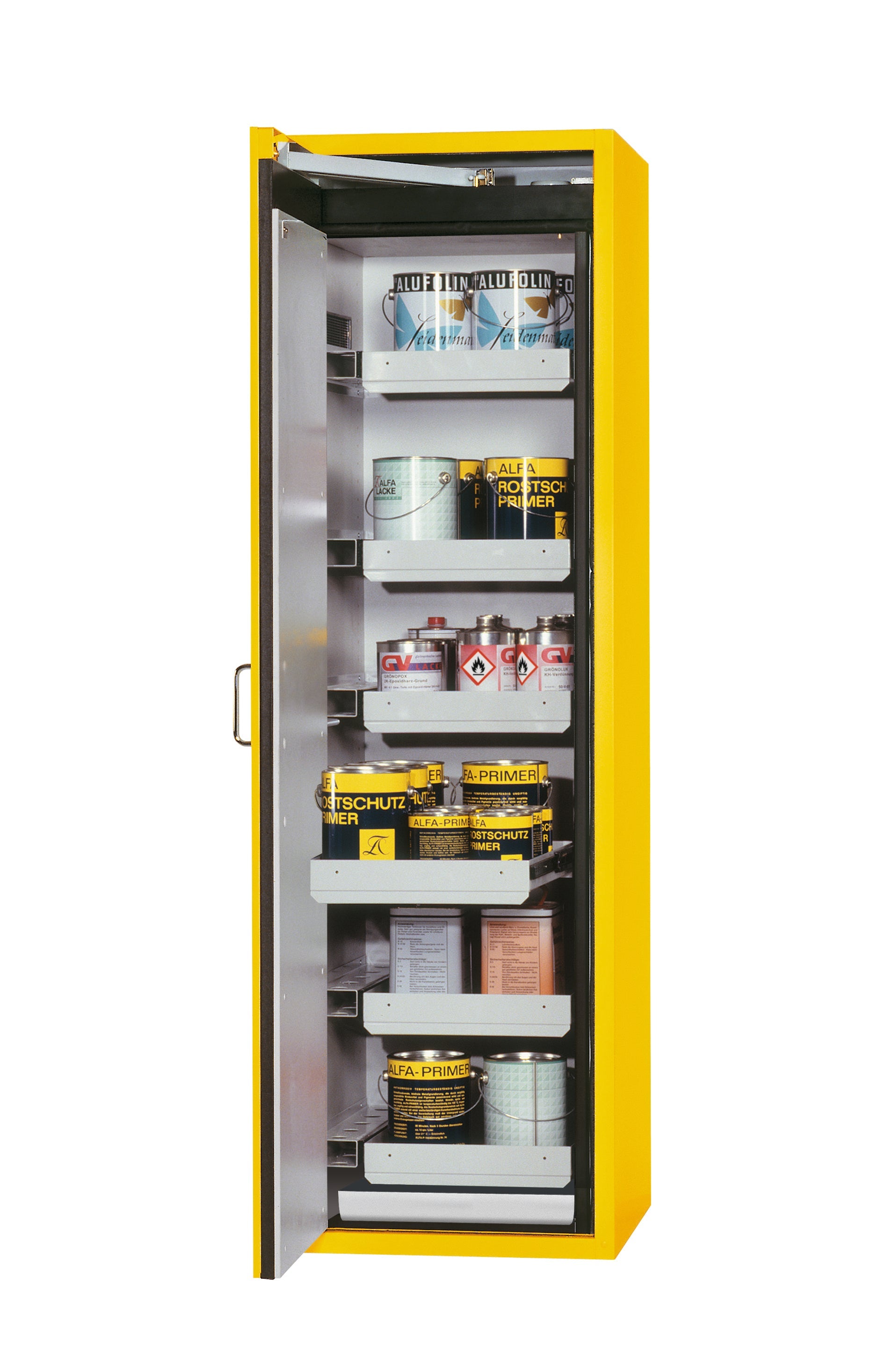 Type 90 safety cabinet S-CLASSIC-90 model S90.196.060.WDAS in safety yellow RAL 1004 with 6x standard pull-out tray (sheet steel)