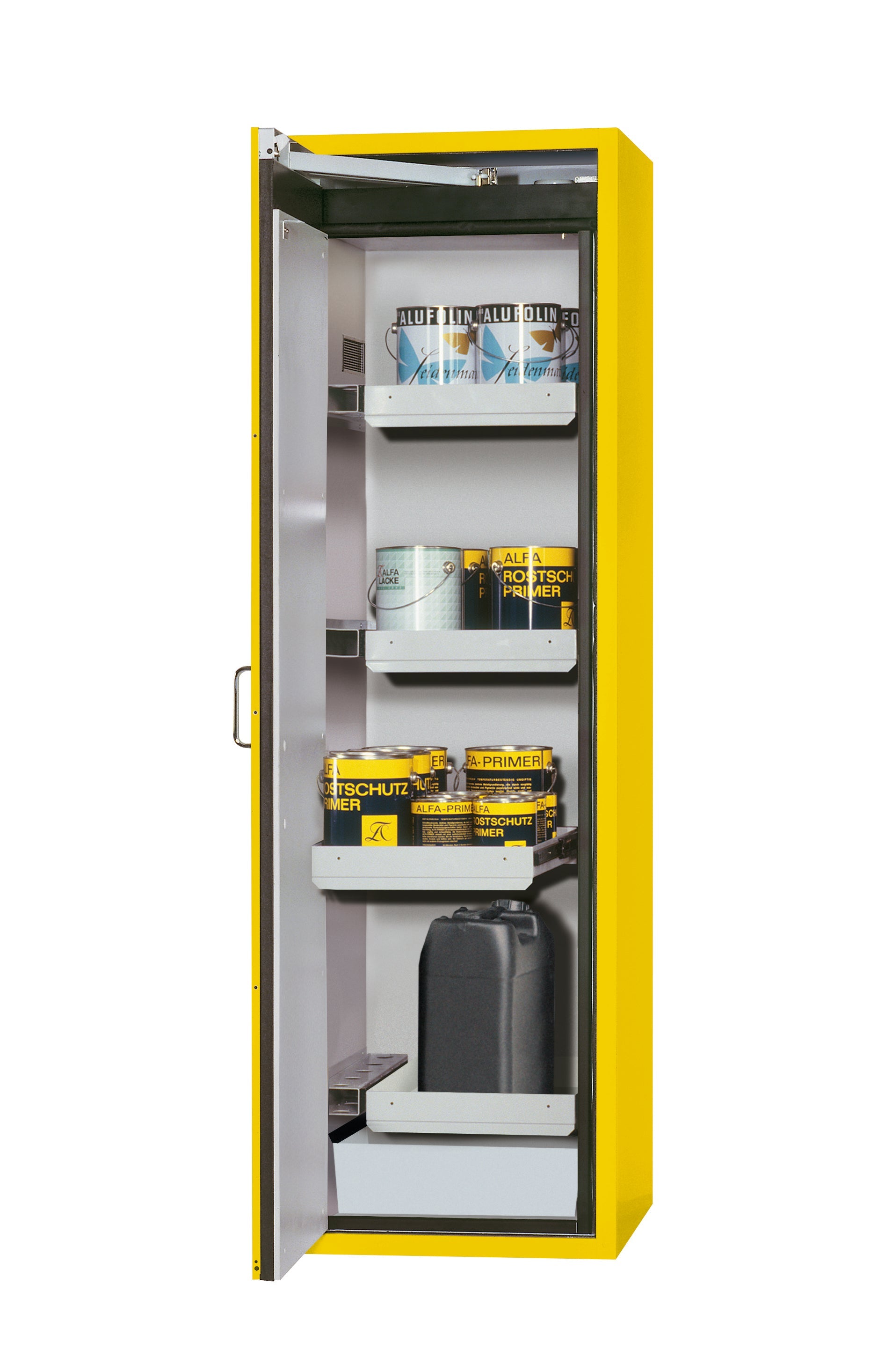 Type 90 safety cabinet S-CLASSIC-90 model S90.196.060.WDAS in safety yellow RAL 1004 with 3x standard pull-out tray (sheet steel)