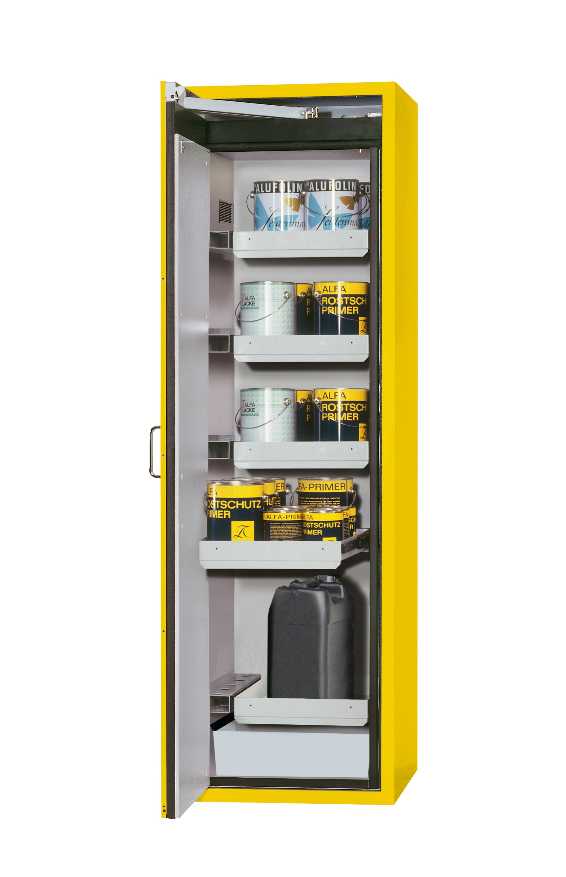 Type 90 safety cabinet S-CLASSIC-90 model S90.196.060.WDAS in safety yellow RAL 1004 with 4x standard pull-out tray (sheet steel)