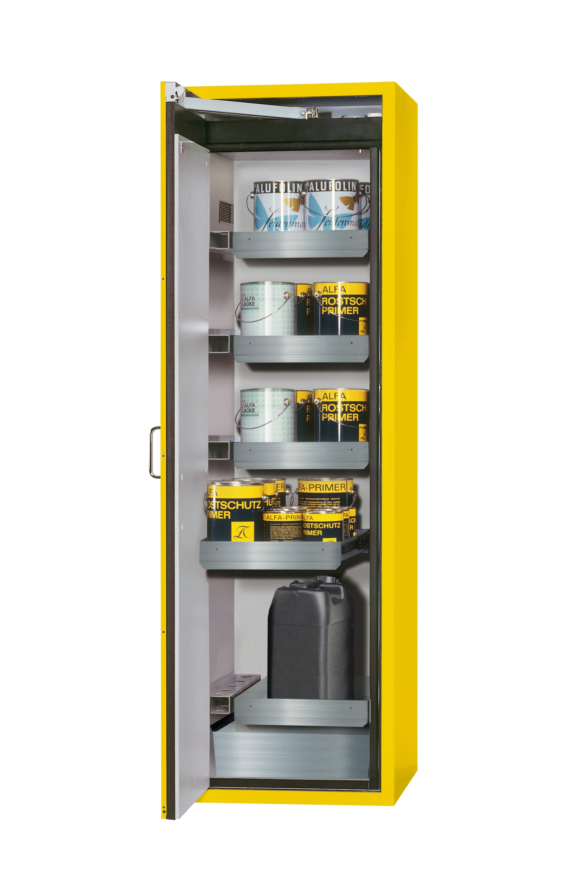 Type 90 safety cabinet S-CLASSIC-90 model S90.196.060.WDAS in safety yellow RAL 1004 with 4x standard pull-out tray (stainless steel 1.4301)