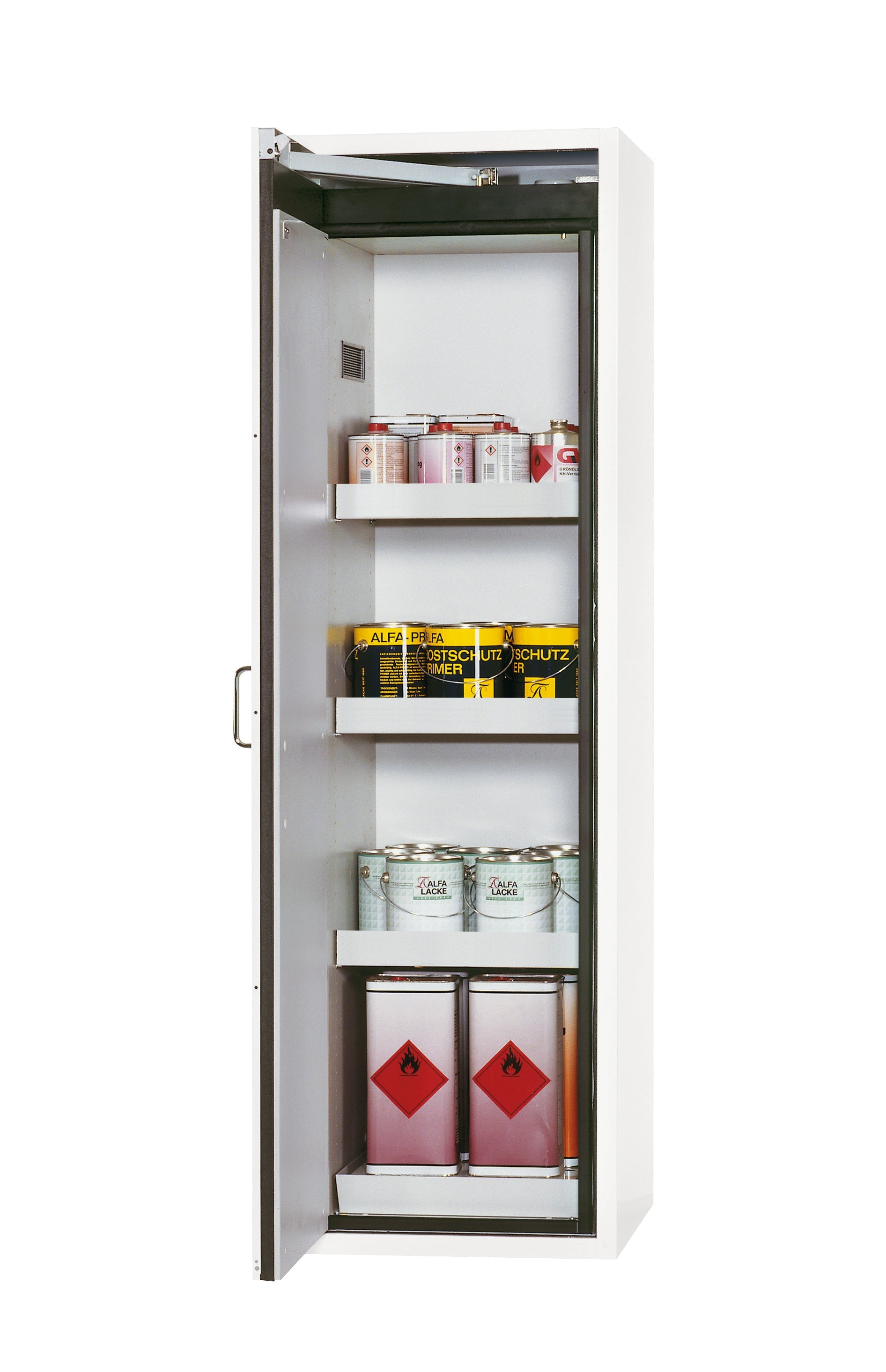 Armoire de sécurité type 90 S-CLASSIC-90 modèle S90.196.060.WDAS en blanc de laboratoire (similaire à RAL 9016) avec 3x pieds de plateau standard (tôle d'acier)