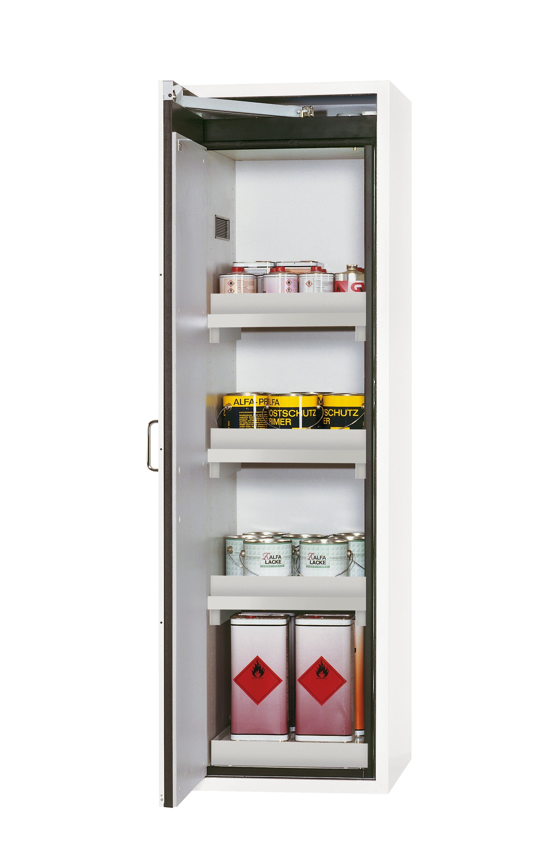 Armoire de sécurité type 90 S-CLASSIC-90 modèle S90.196.060 en blanc de laboratoire (similaire à RAL 9016) avec 3x pieds de plateau standard (polypropylène)