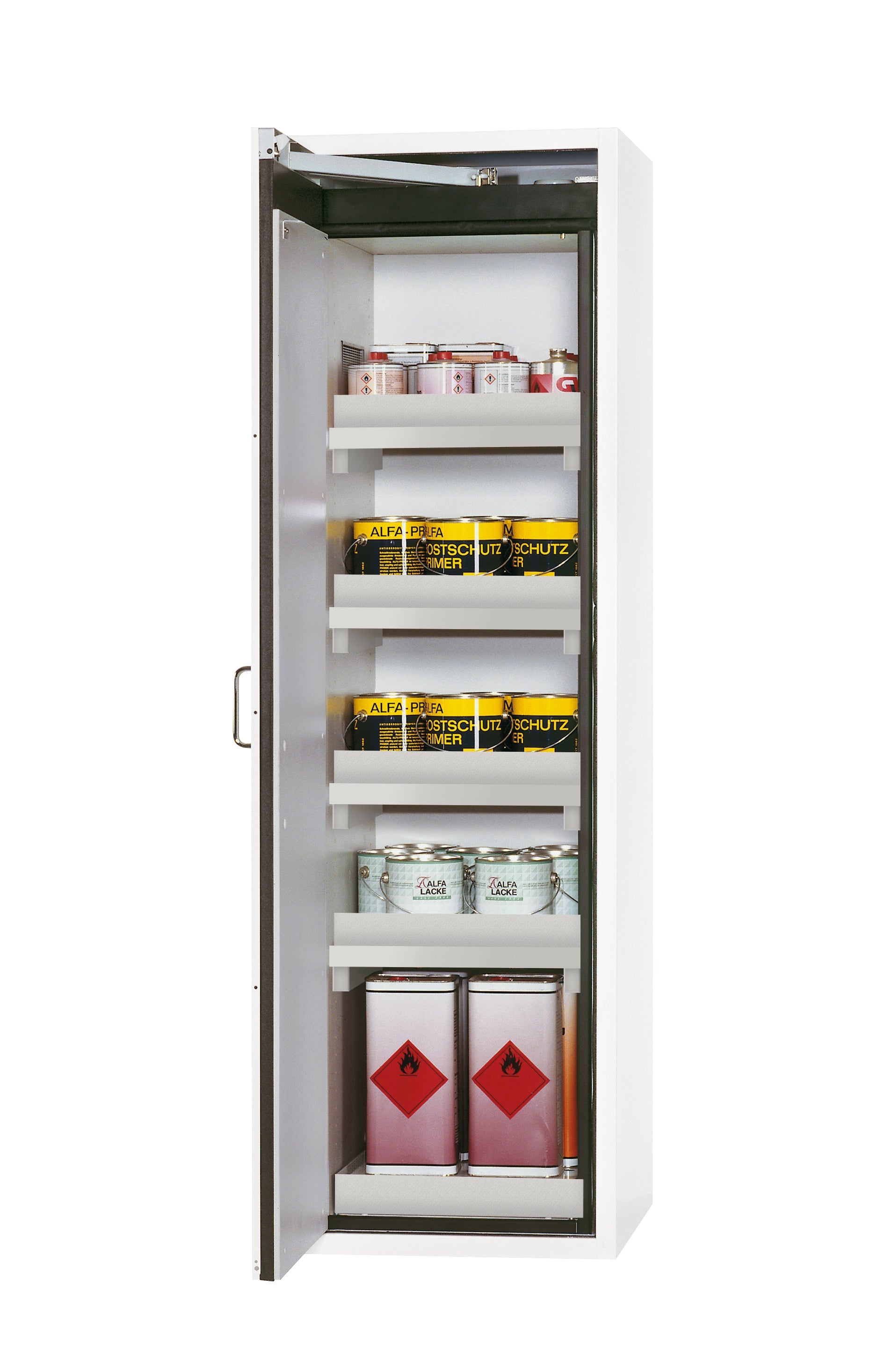 Armoire de sécurité type 90 S-CLASSIC-90 modèle S90.196.060.WDAS en blanc de laboratoire (similaire à RAL 9016) avec 4x pieds de plateau standard (polypropylène)