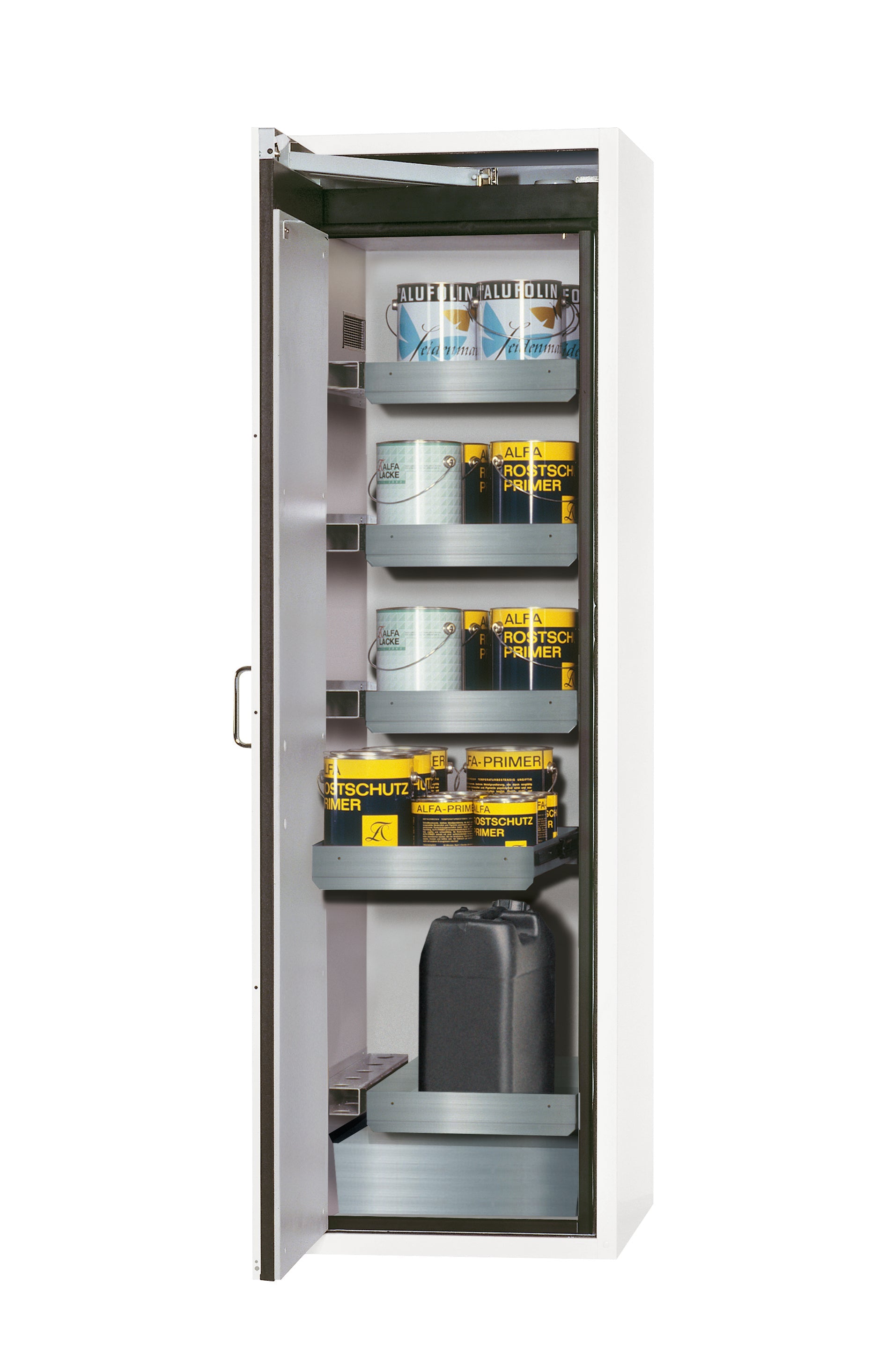 Armoire de sécurité type 90 S-CLASSIC-90 modèle S90.196.060.WDAS en blanc de laboratoire (similaire à RAL 9016) avec 4 plateaux coulissants standard (acier inoxydable 1.4301)