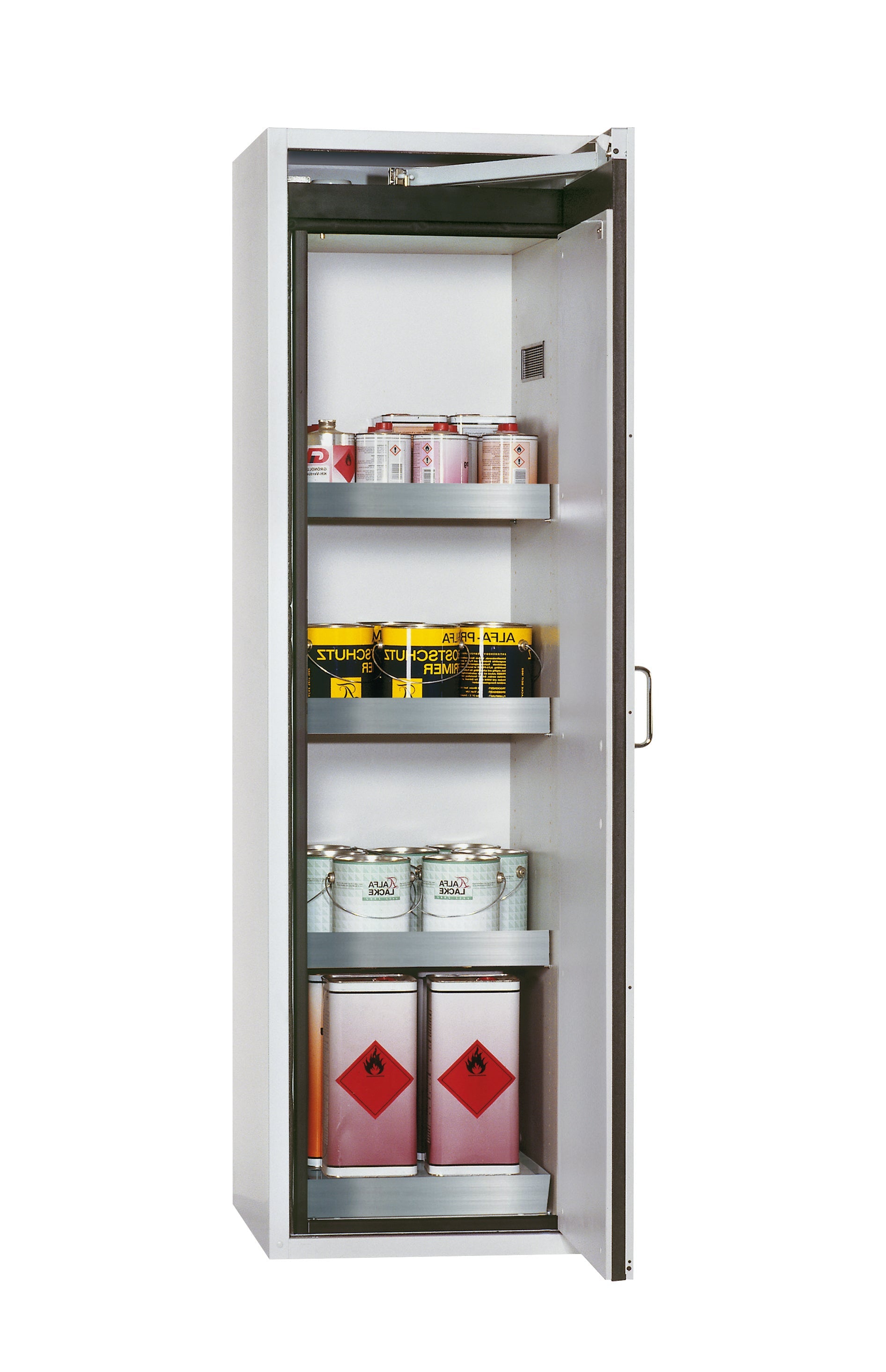 Type 90 safety cabinet S-CLASSIC-90 model S90.196.060.WDASR in light gray RAL 7035 with 3x standard tray base (stainless steel 1.4301)