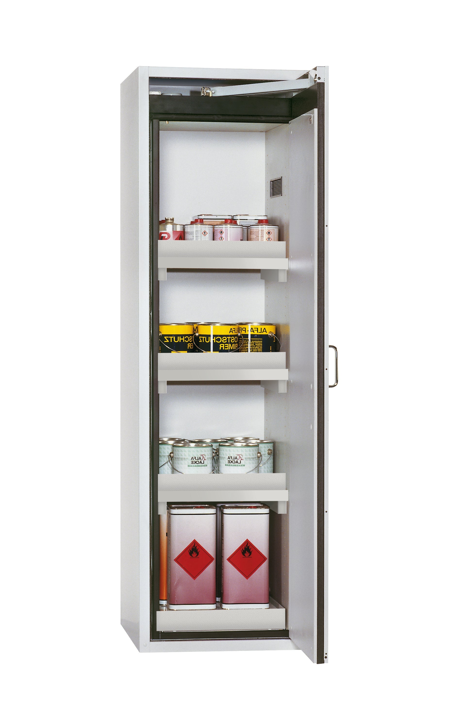 Type 90 safety cabinet S-CLASSIC-90 model S90.196.060.WDASR in light gray RAL 7035 with 3x standard tray base (polypropylene)