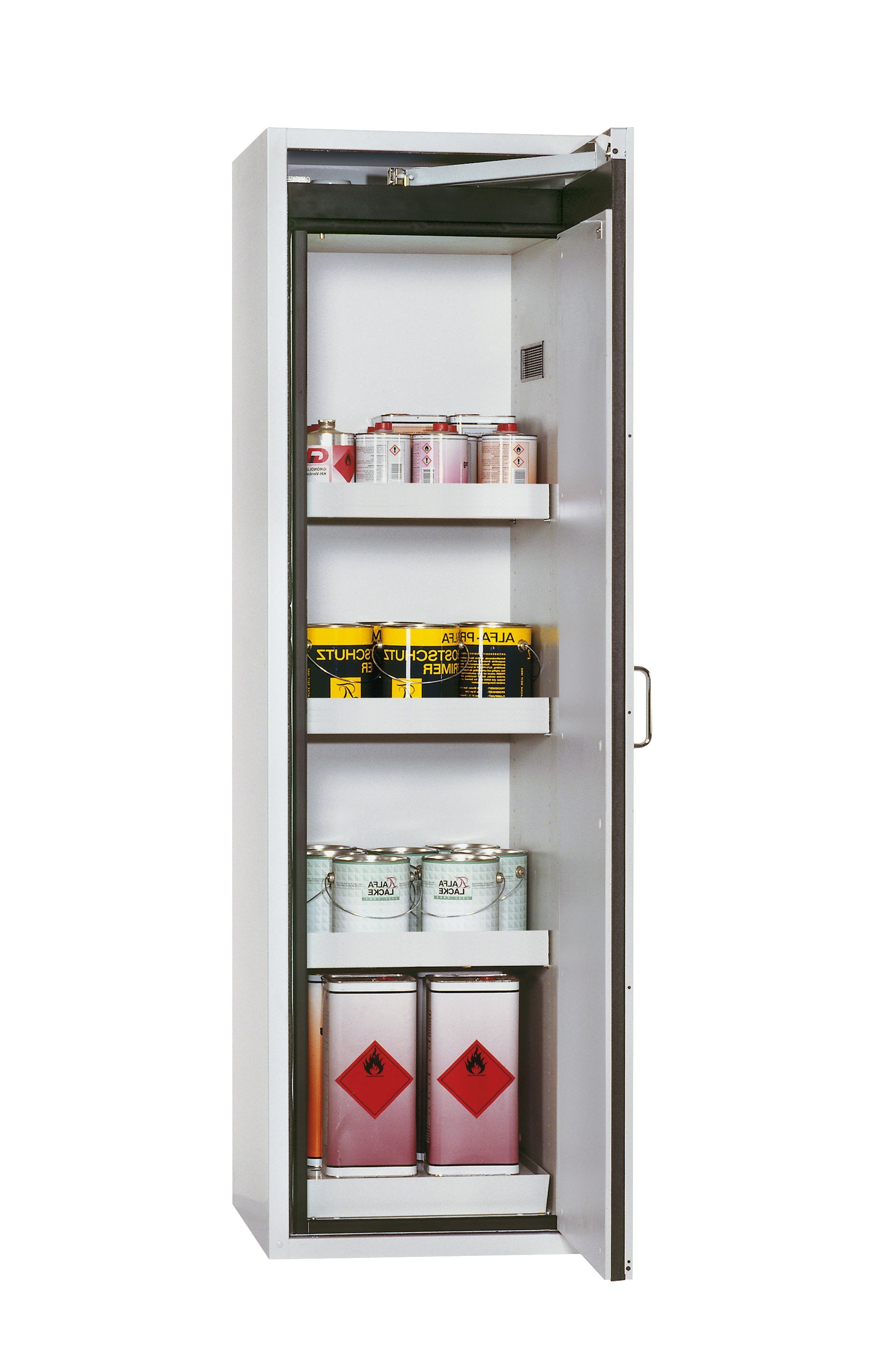 Armoire de sécurité type 90 S-CLASSIC-90 modèle S90.196.060.R en gris clair RAL 7035 avec 3x socles à plateaux standard (tôle d'acier)