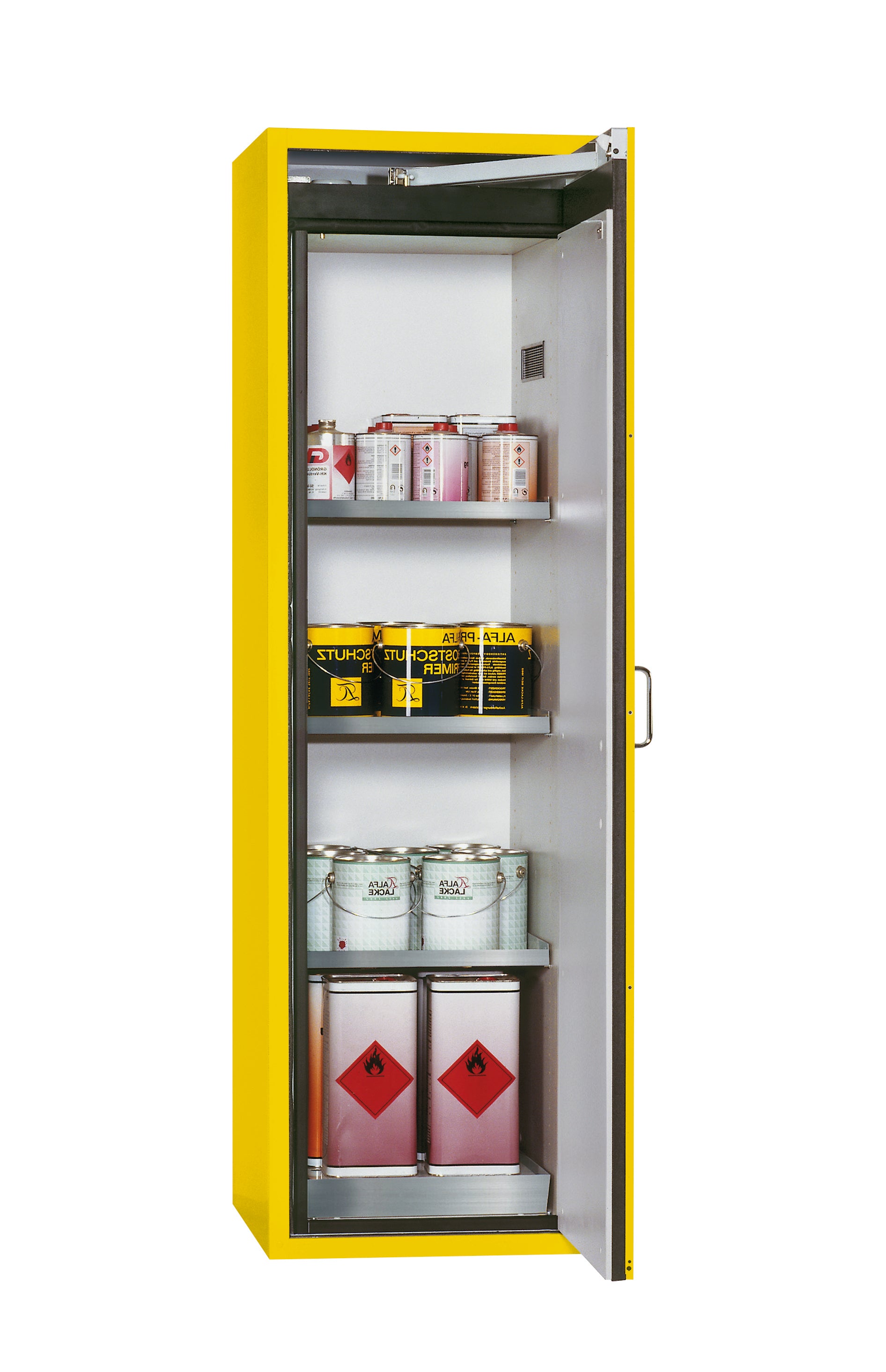Type 90 safety cabinet S-CLASSIC-90 model S90.196.060.WDASR in safety yellow RAL 1004 with 3x standard shelves (stainless steel 1.4301)