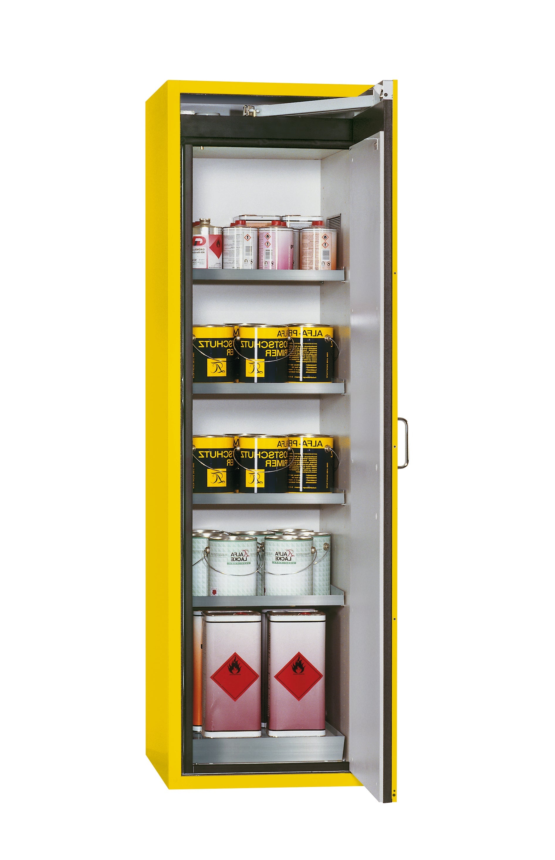 Type 90 safety cabinet S-CLASSIC-90 model S90.196.060.WDASR in safety yellow RAL 1004 with 4x standard shelves (stainless steel 1.4301)