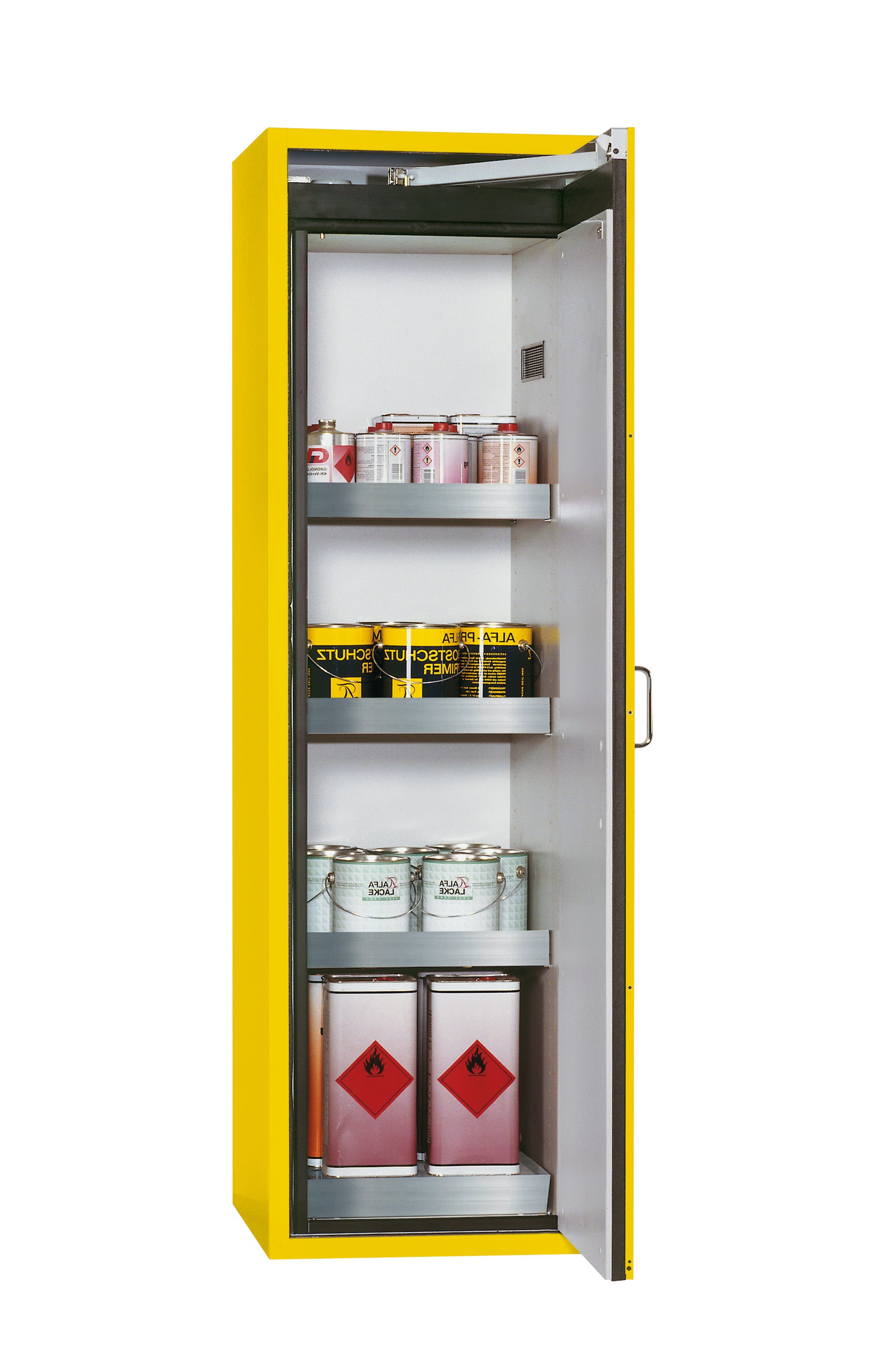 Type 90 safety cabinet S-CLASSIC-90 model S90.196.060.WDASR in safety yellow RAL 1004 with 3x standard tray base (stainless steel 1.4301)