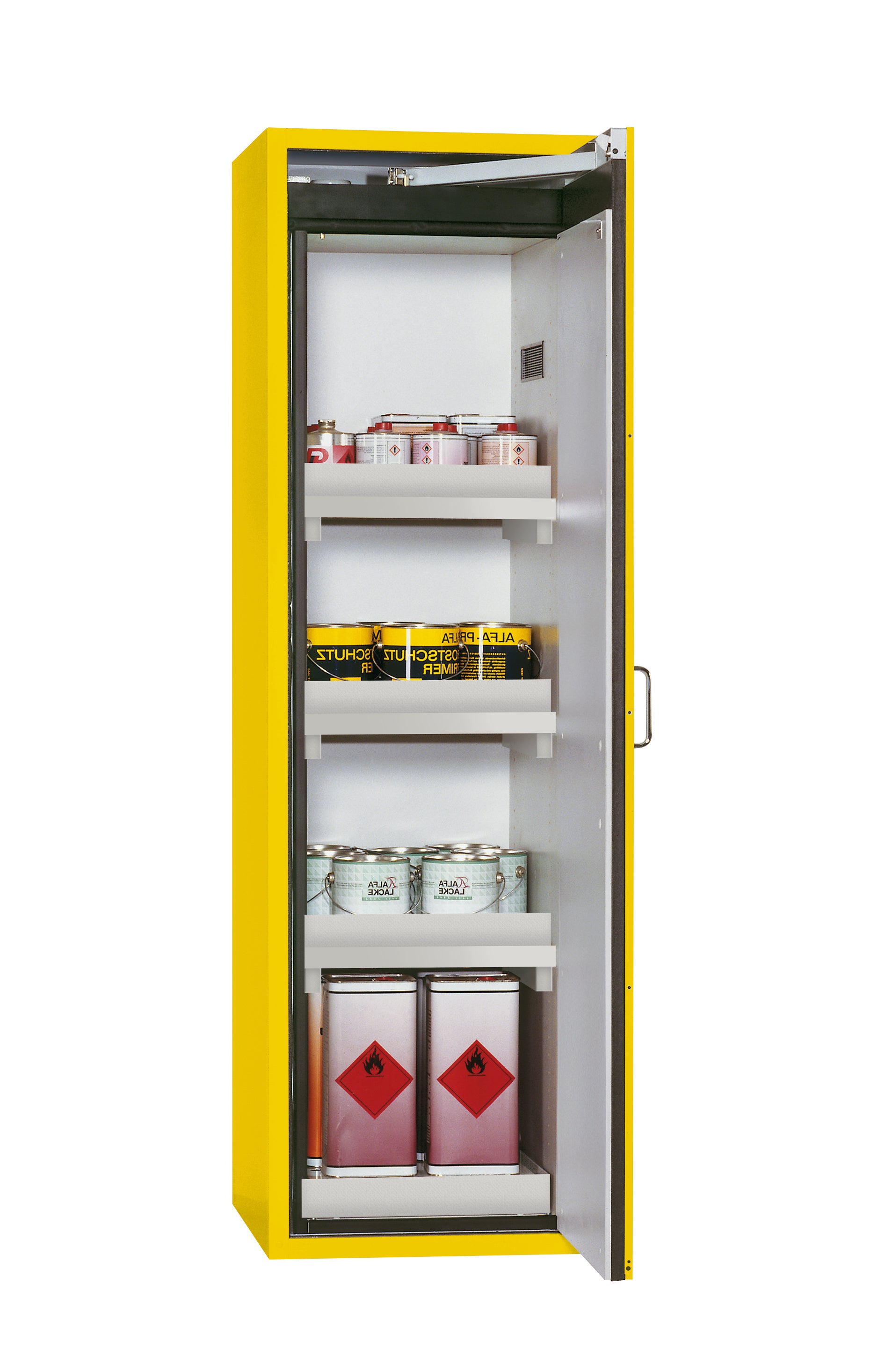 Type 90 safety cabinet S-CLASSIC-90 model S90.196.060.WDASR in safety yellow RAL 1004 with 3x standard tray base (polypropylene)
