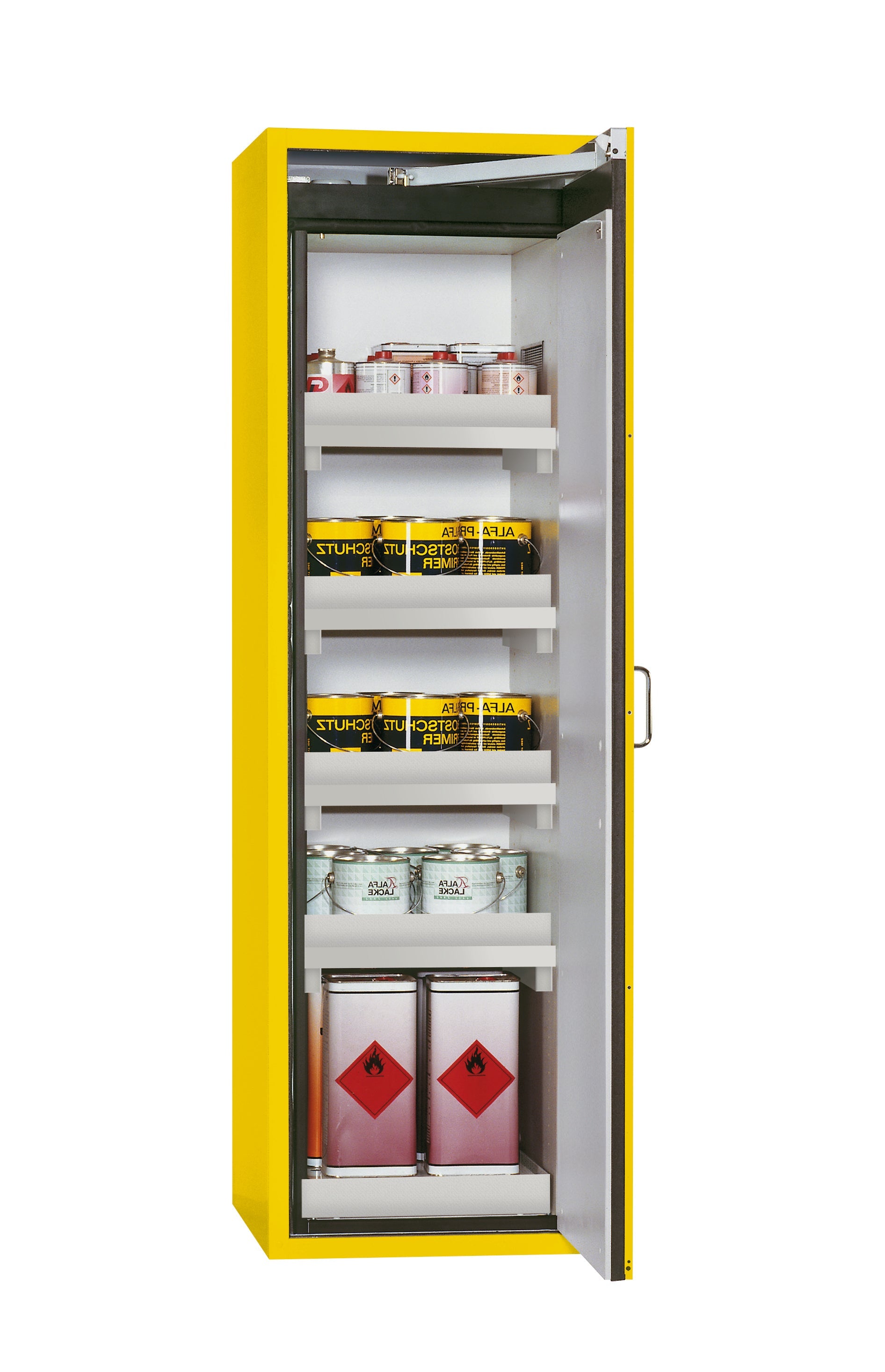 Type 90 safety cabinet S-CLASSIC-90 model S90.196.060.WDASR in safety yellow RAL 1004 with 4x standard tray base (polypropylene)