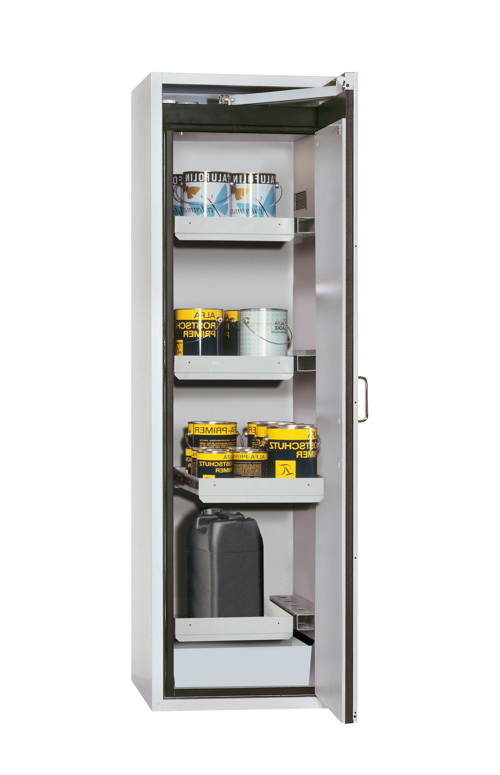 Type 90 safety cabinet S-CLASSIC-90 model S90.196.060.WDASR in light gray RAL 7035 with 3x standard pull-out tray (sheet steel)