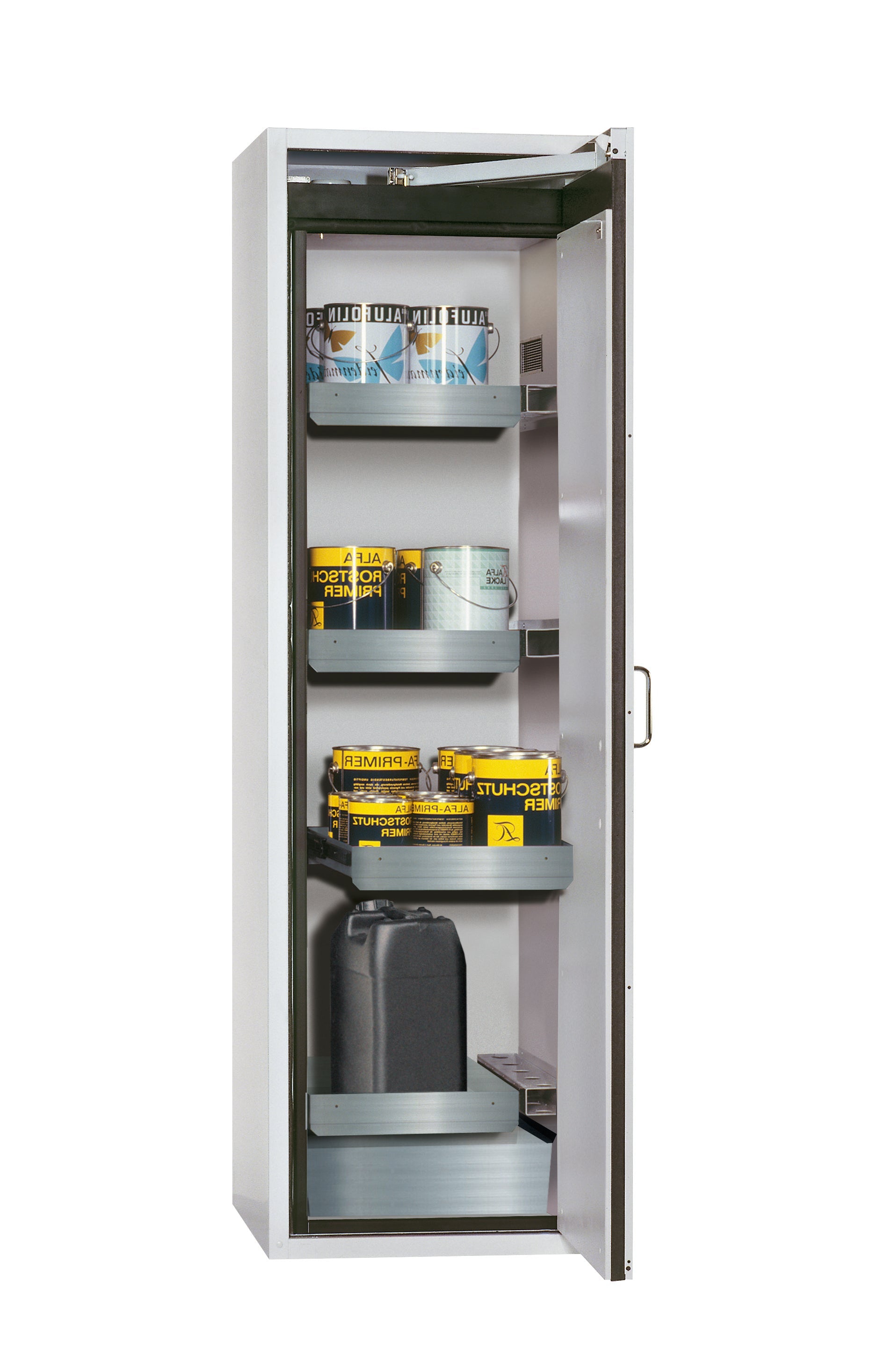 Type 90 safety cabinet S-CLASSIC-90 model S90.196.060.WDASR in light gray RAL 7035 with 3x standard pull-out tray (stainless steel 1.4301)