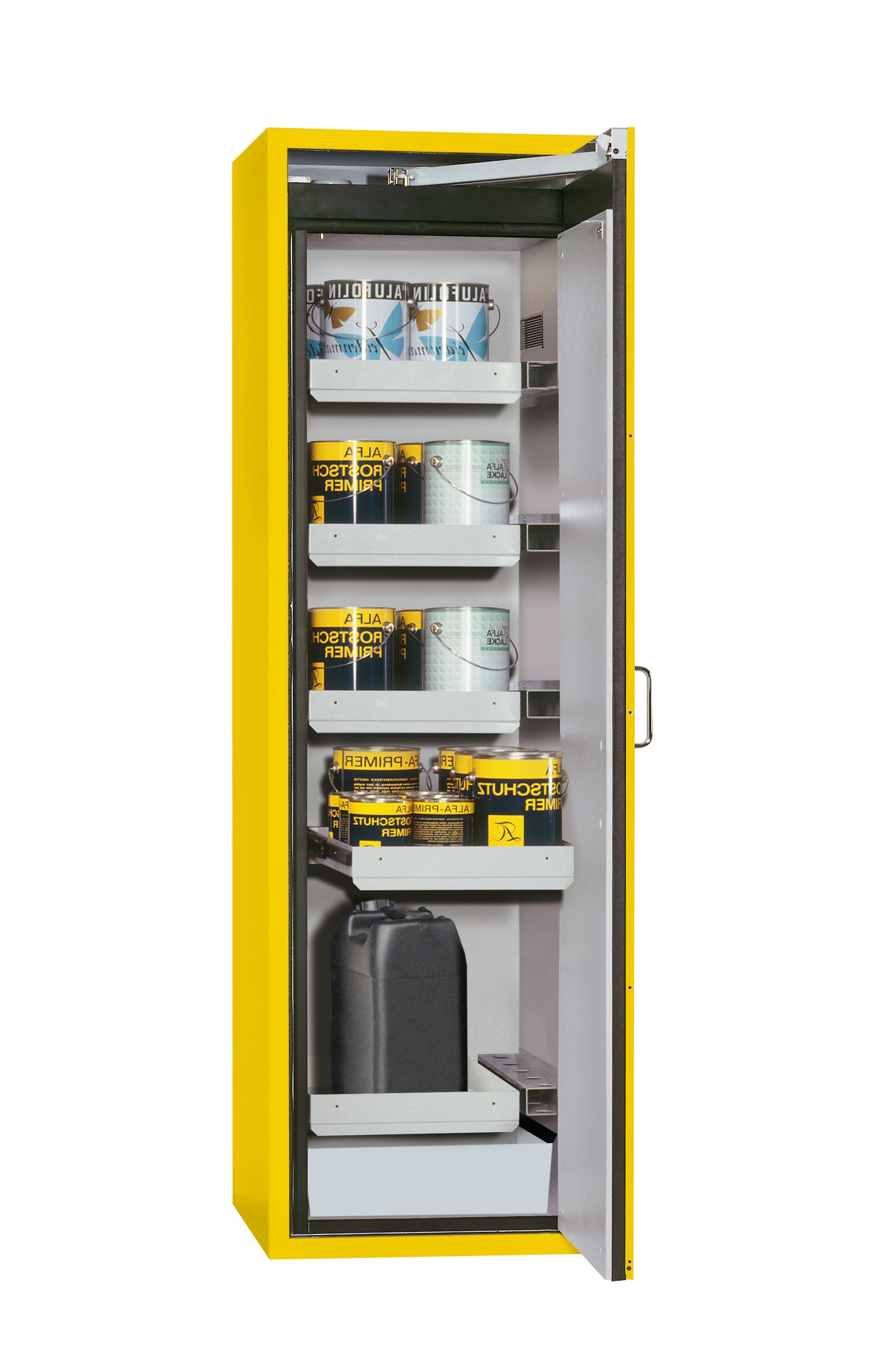Type 90 safety cabinet S-CLASSIC-90 model S90.196.060.WDASR in safety yellow RAL 1004 with 4x standard pull-out tray (sheet steel)