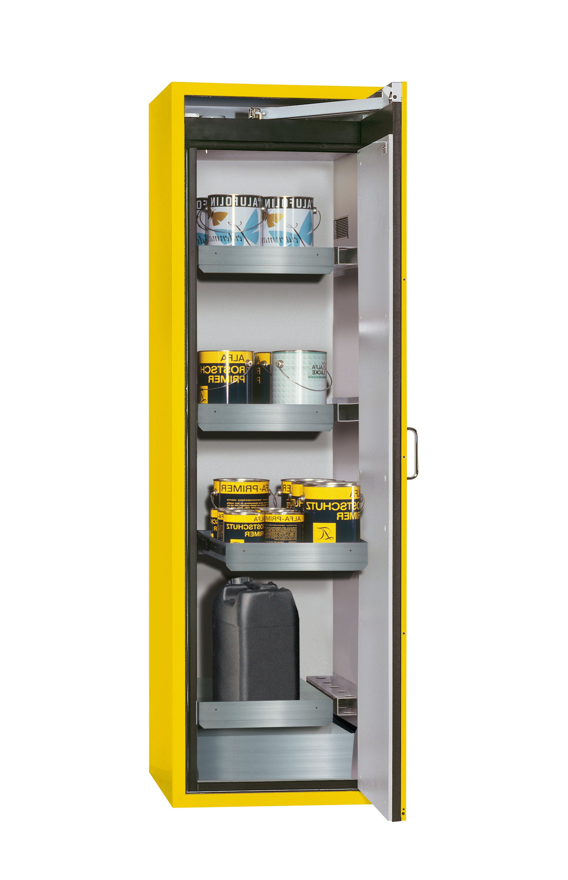 Type 90 safety cabinet S-CLASSIC-90 model S90.196.060.WDASR in safety yellow RAL 1004 with 3x standard pull-out tray (stainless steel 1.4301)