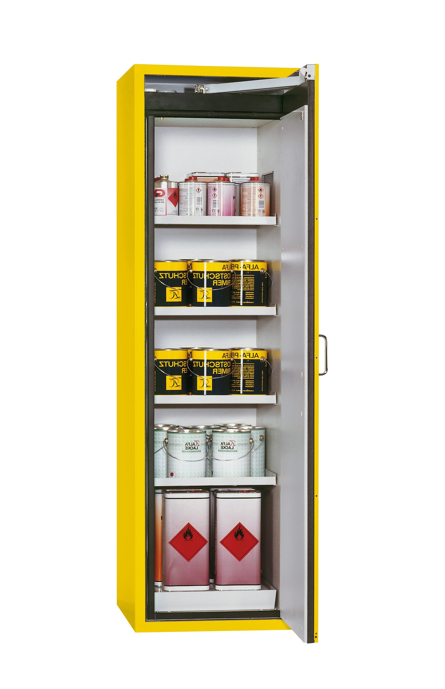 Type 90 safety cabinet S-CLASSIC-90 model S90.196.060.WDASR in safety yellow RAL 1004 with 4x standard shelves (sheet steel)