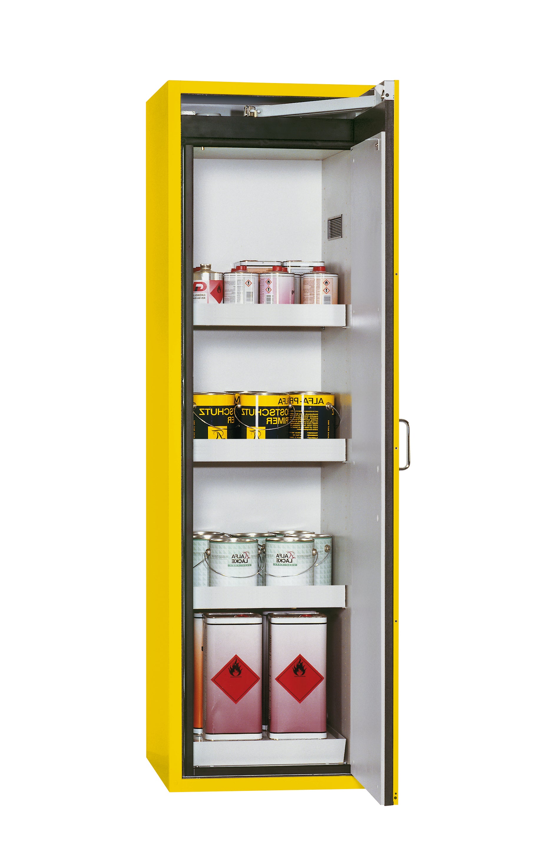 Type 90 safety cabinet S-CLASSIC-90 model S90.196.060.WDASR in safety yellow RAL 1004 with 3x standard tray base (sheet steel)