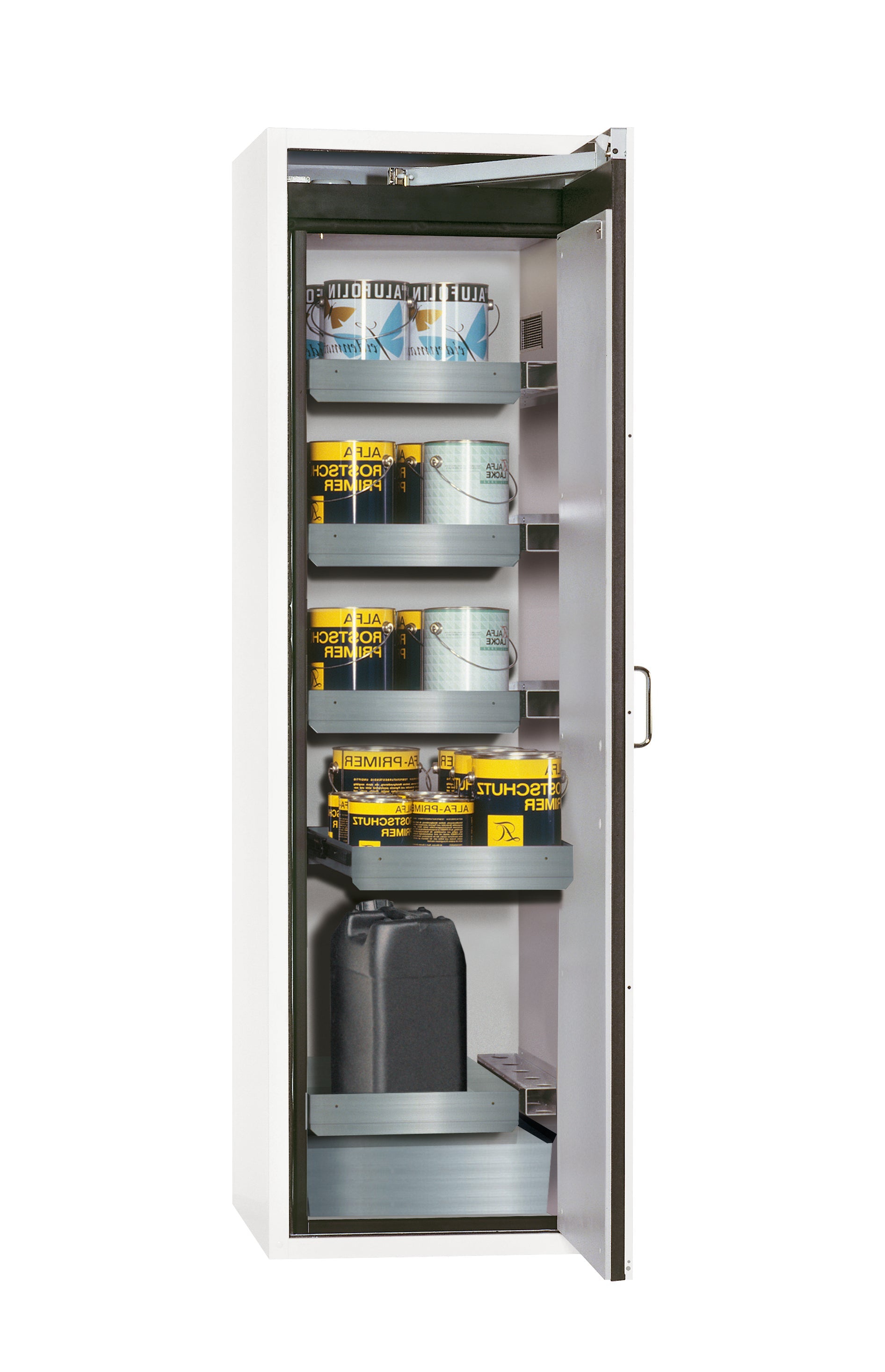 Type 90 safety cabinet S-CLASSIC-90 model S90.196.060.WDASR in laboratory white (similar to RAL 9016) with 4x standard pull-out tray (stainless steel 1.4301)