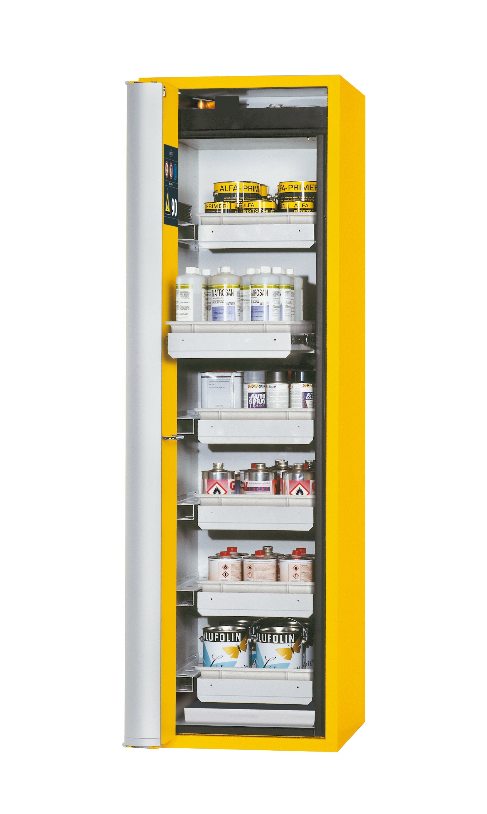 Typ 90 Sicherheitsschrank S-PHOENIX-90 Modell S90.196.060.FDAS in sicherheitsgelb RAL 1004 mit 6x Auszugswanne Standard (Stahlblech)