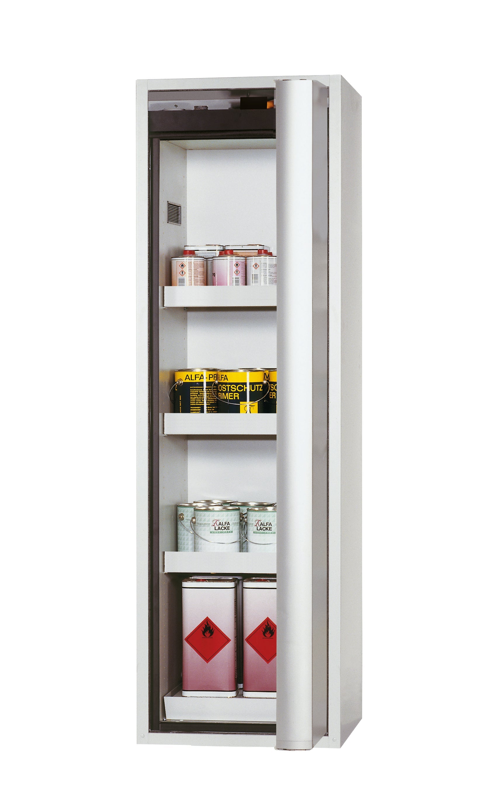 Type 90 safety cabinet S-PHOENIX-90 model S90.196.060.FDASR in light gray RAL 7035 with 3x standard tray base (sheet steel)