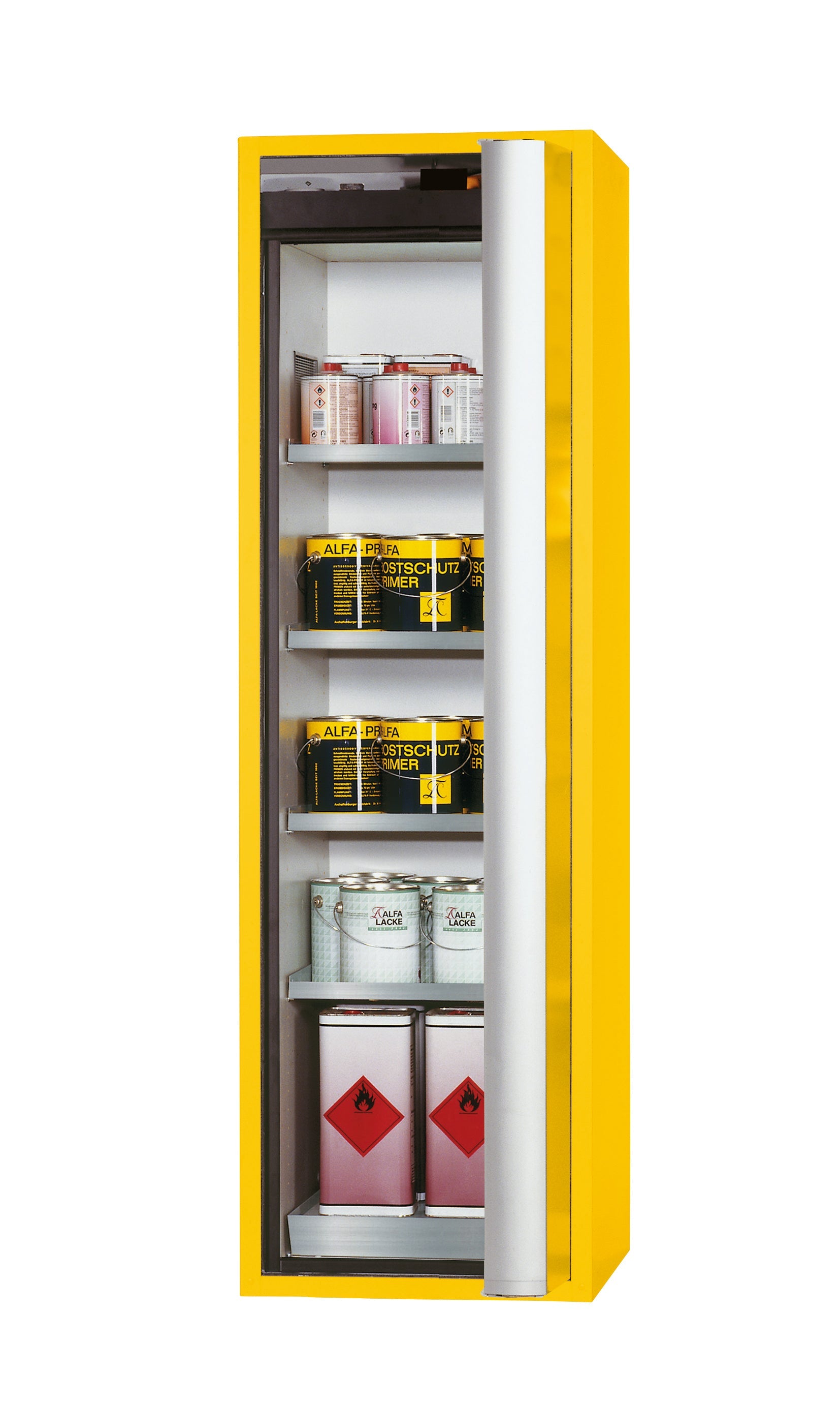Typ 90 Sicherheitsschrank S-PHOENIX Vol.2-90 Modell S90.196.060.FDACR in sicherheitsgelb RAL 1004 mit 4x Fachboden Standard (Edelstahl 1.4301)