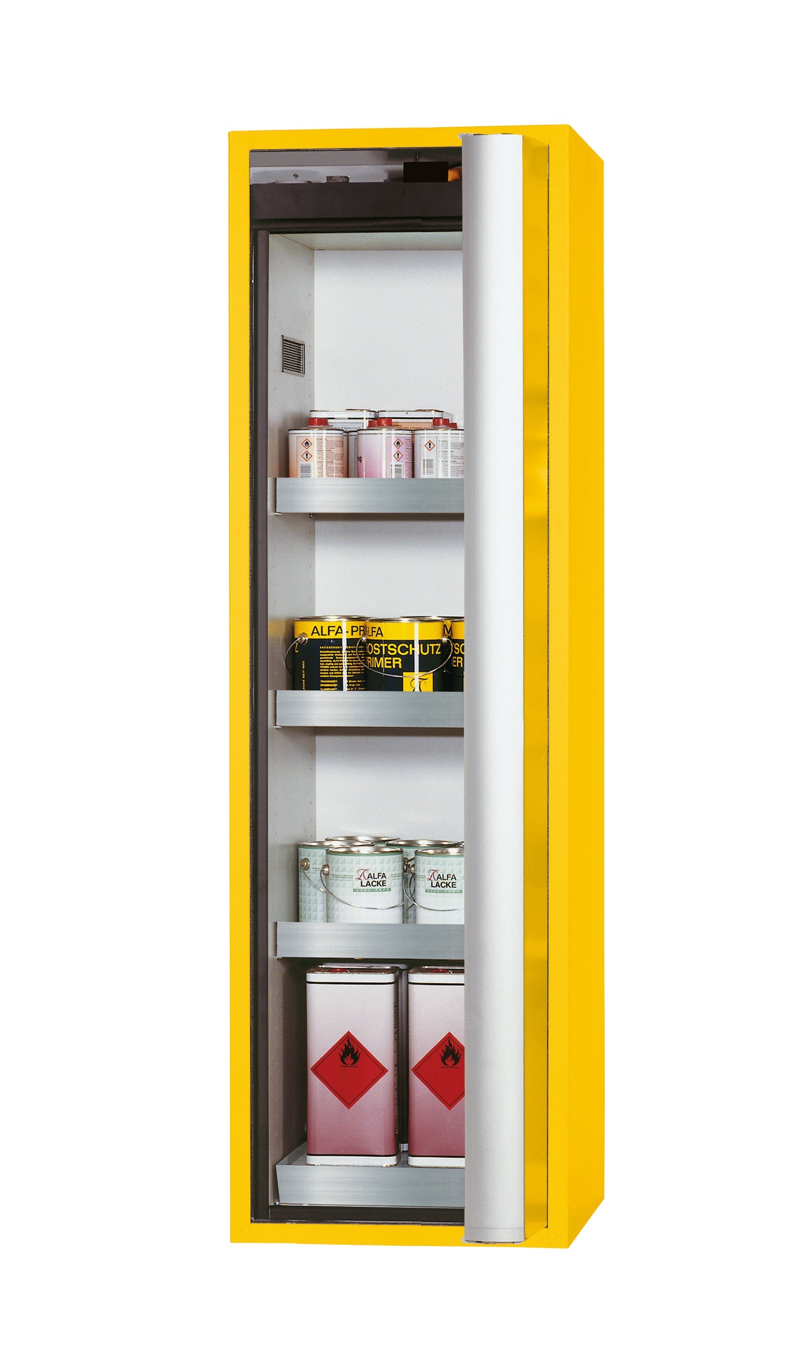 Typ 90 Sicherheitsschrank S-PHOENIX Vol.2-90 Modell S90.196.060.FDACR in sicherheitsgelb RAL 1004 mit 3x Wannenboden Standard (Edelstahl 1.4301)
