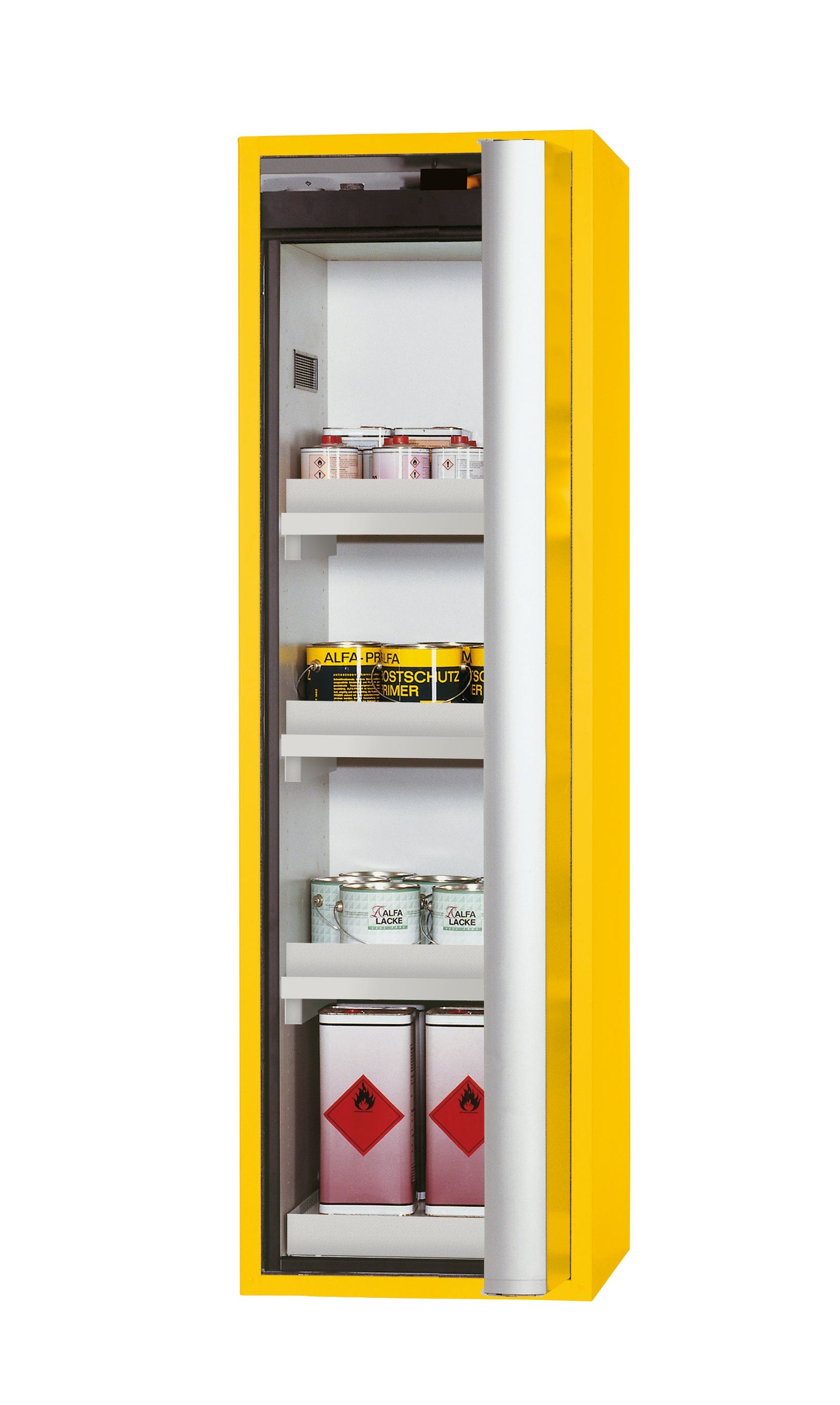 Type 90 safety cabinet S-PHOENIX Vol.2-90 model S90.196.060.FDACR in safety yellow RAL 1004 with 3x standard tray base (polypropylene)